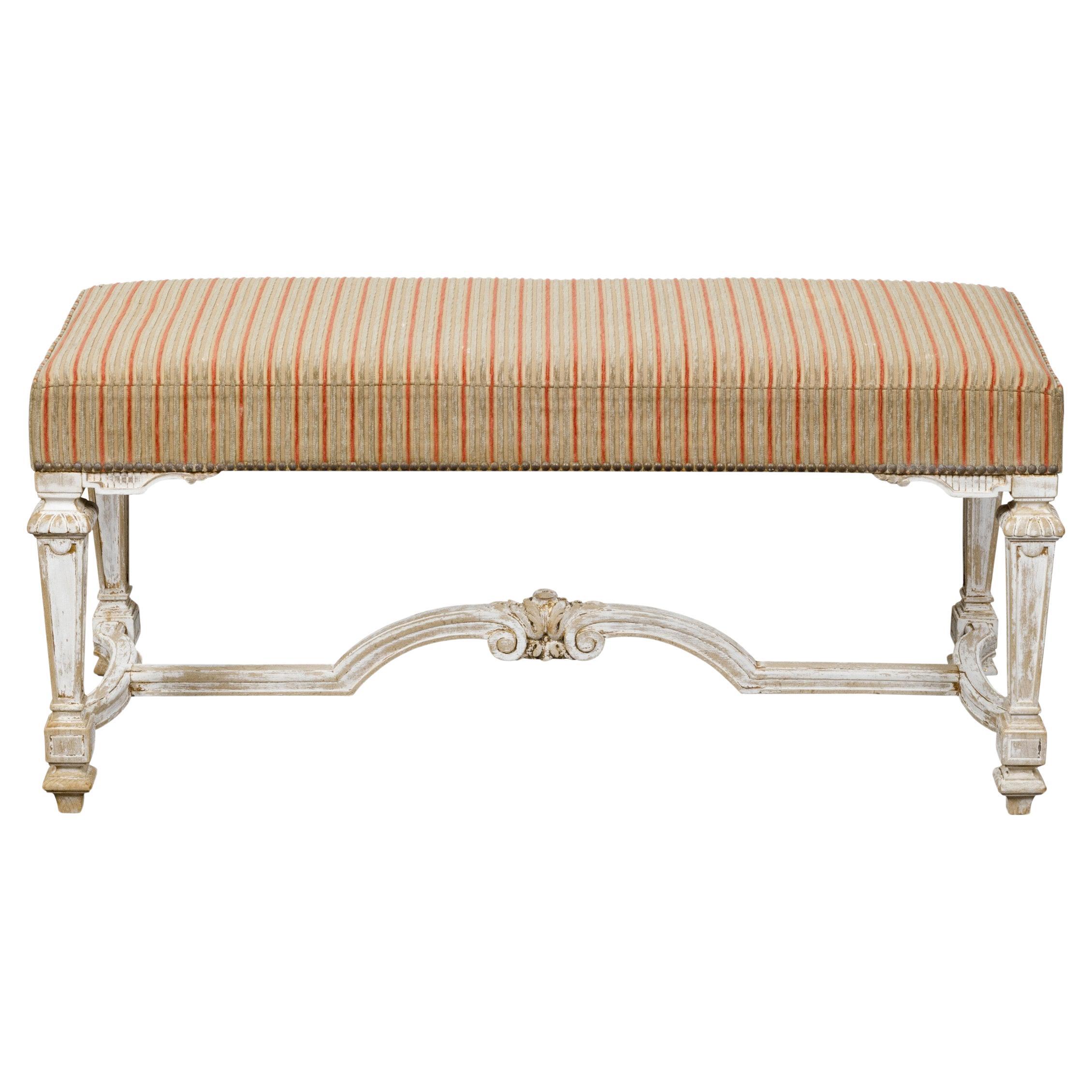 French Louis XVI Style 1950s Off White Painted Bench with Carved Cross Stretcher