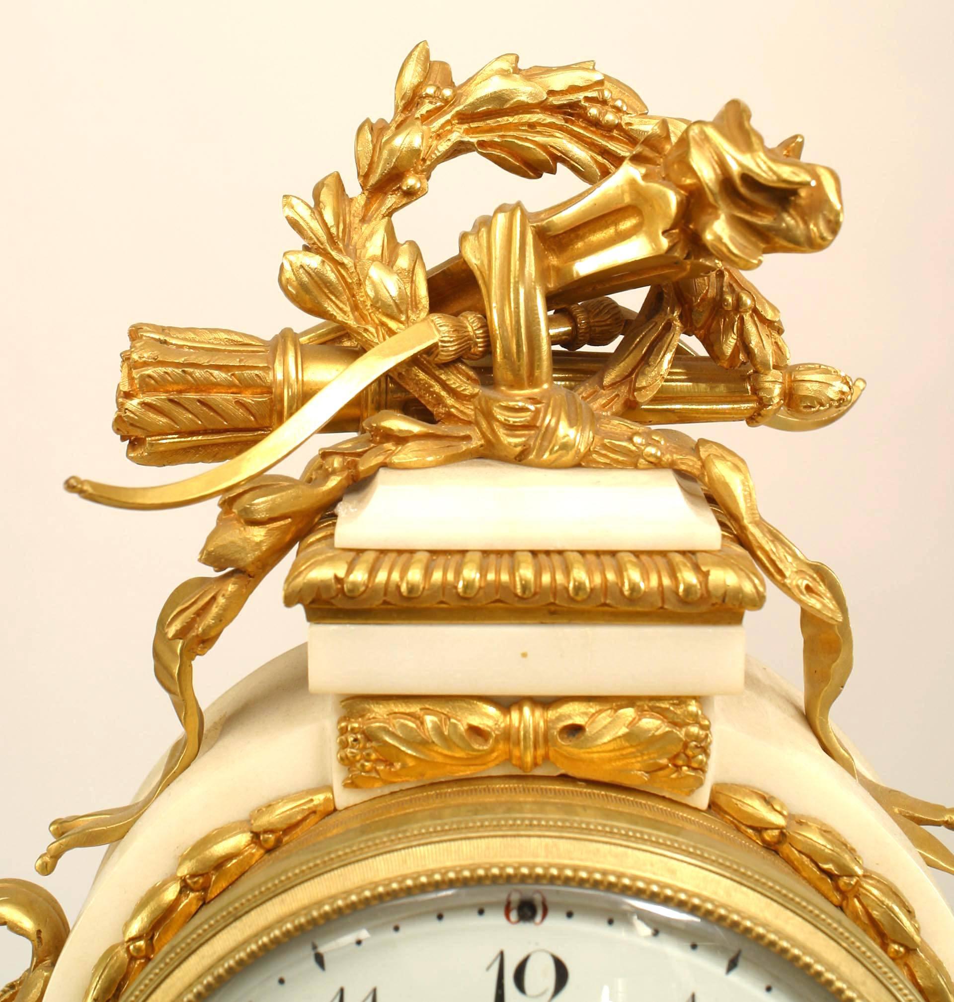 19th Century French Louis XVI Marble & Bronze Mantle Clock For Sale