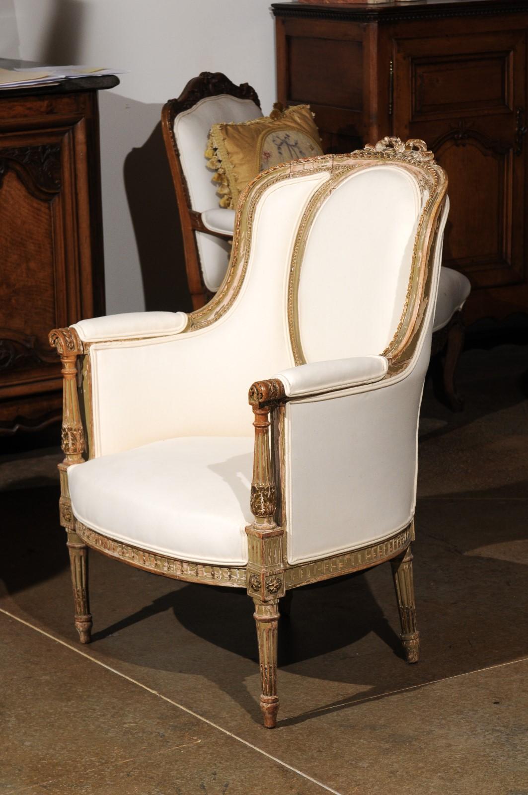 French Louis XVI Style 19th Century Bergère Chair with Distressed Finish 6