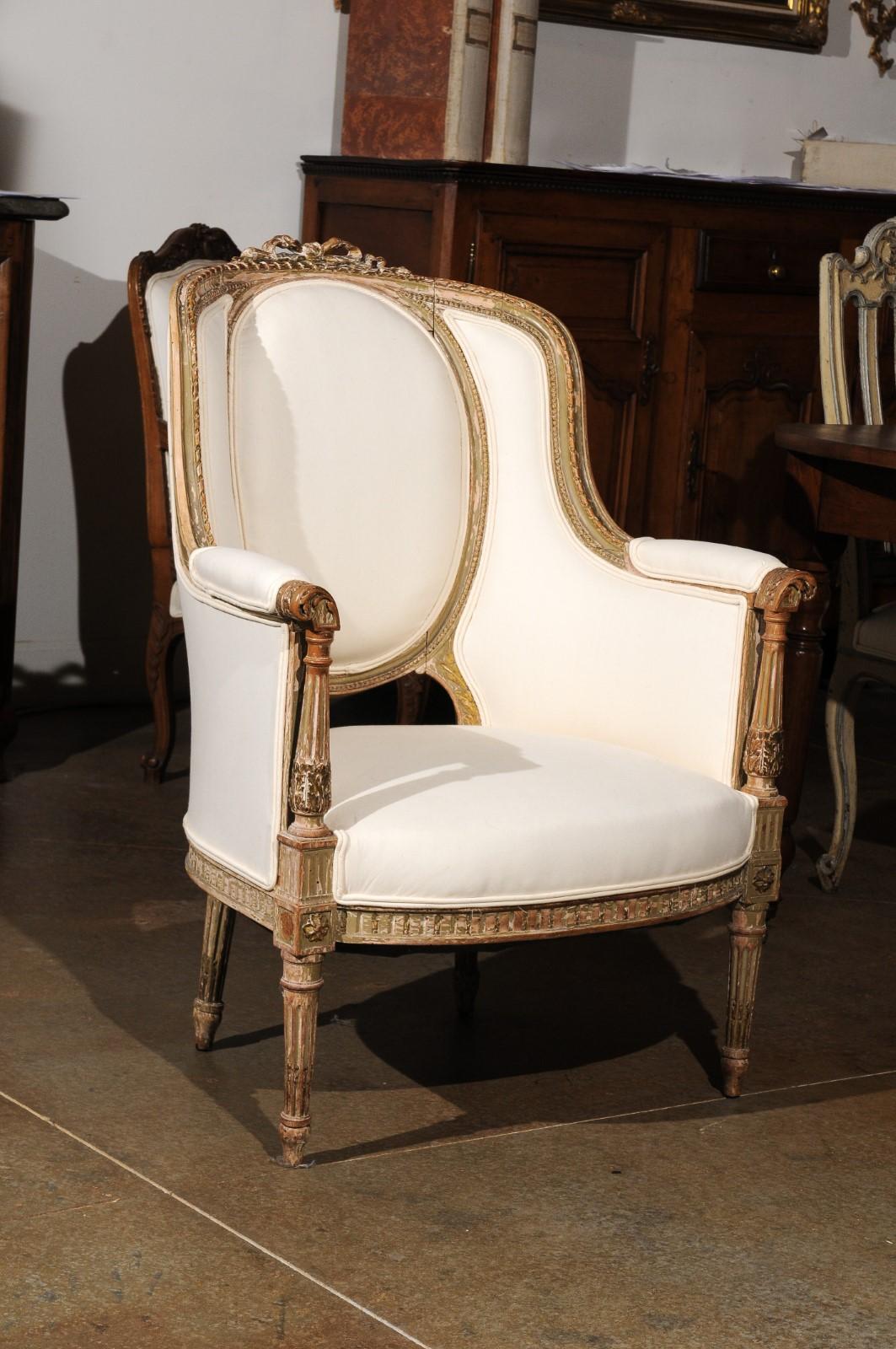 Wood French Louis XVI Style 19th Century Bergère Chair with Distressed Finish