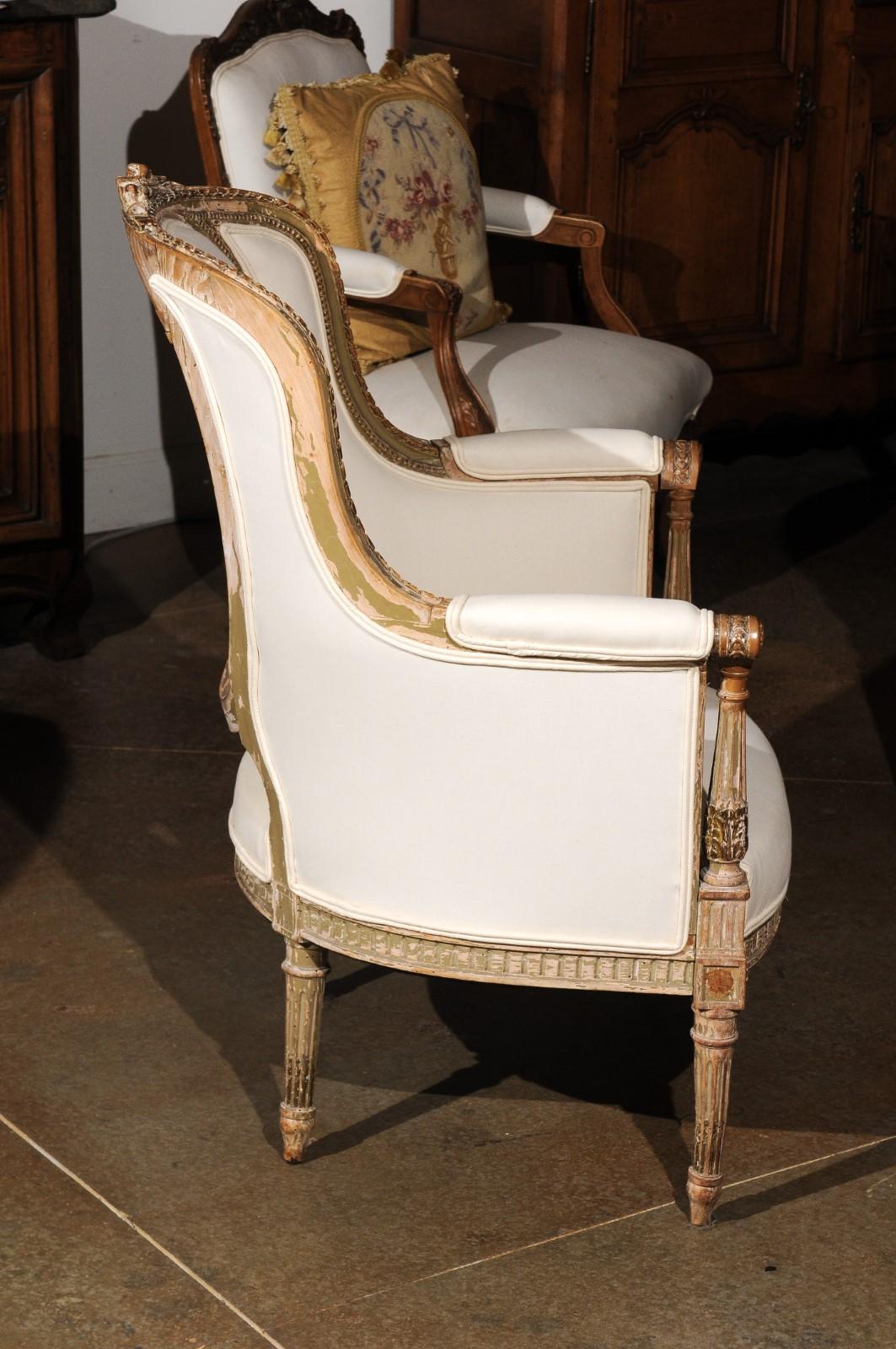 French Louis XVI Style 19th Century Bergère Chair with Distressed Finish 1