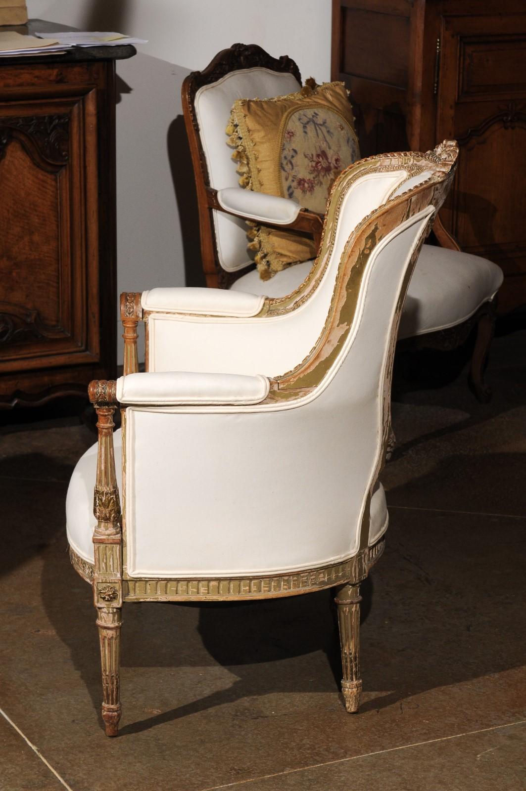 French Louis XVI Style 19th Century Bergère Chair with Distressed Finish 3
