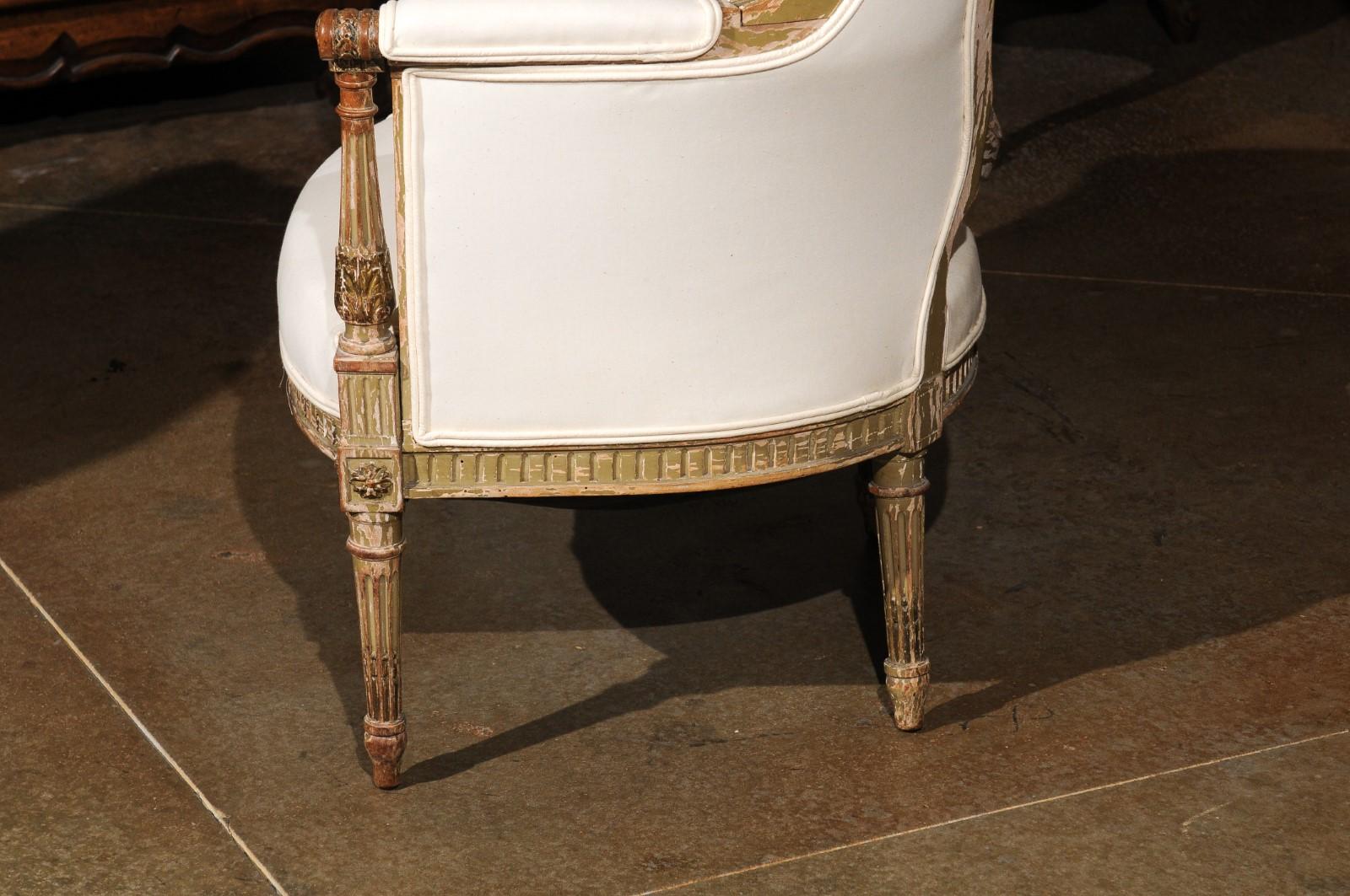 French Louis XVI Style 19th Century Bergère Chair with Distressed Finish 4