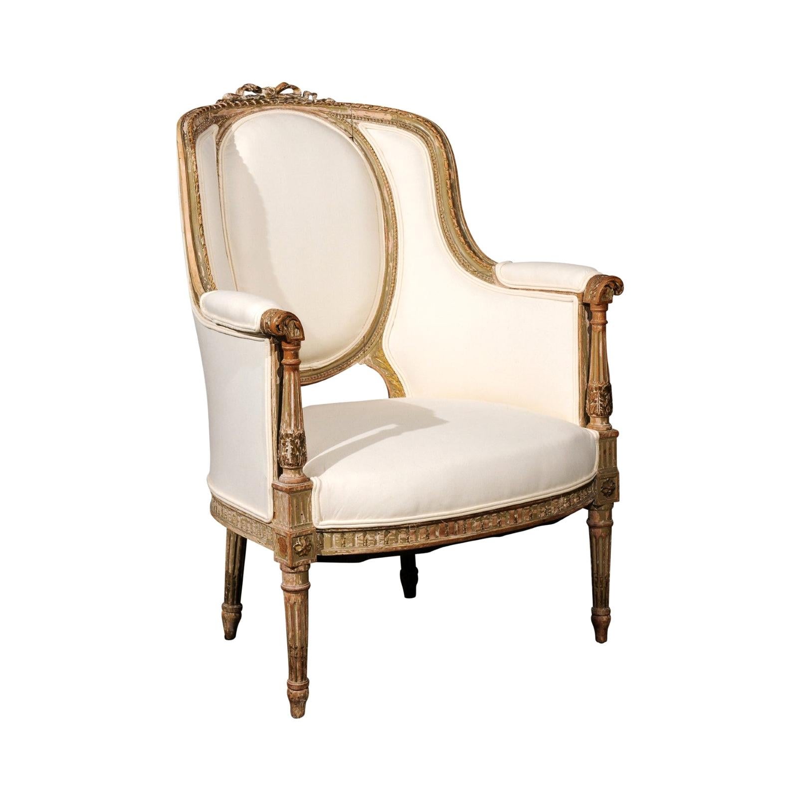 French Louis XVI Style 19th Century Bergère Chair with Distressed Finish