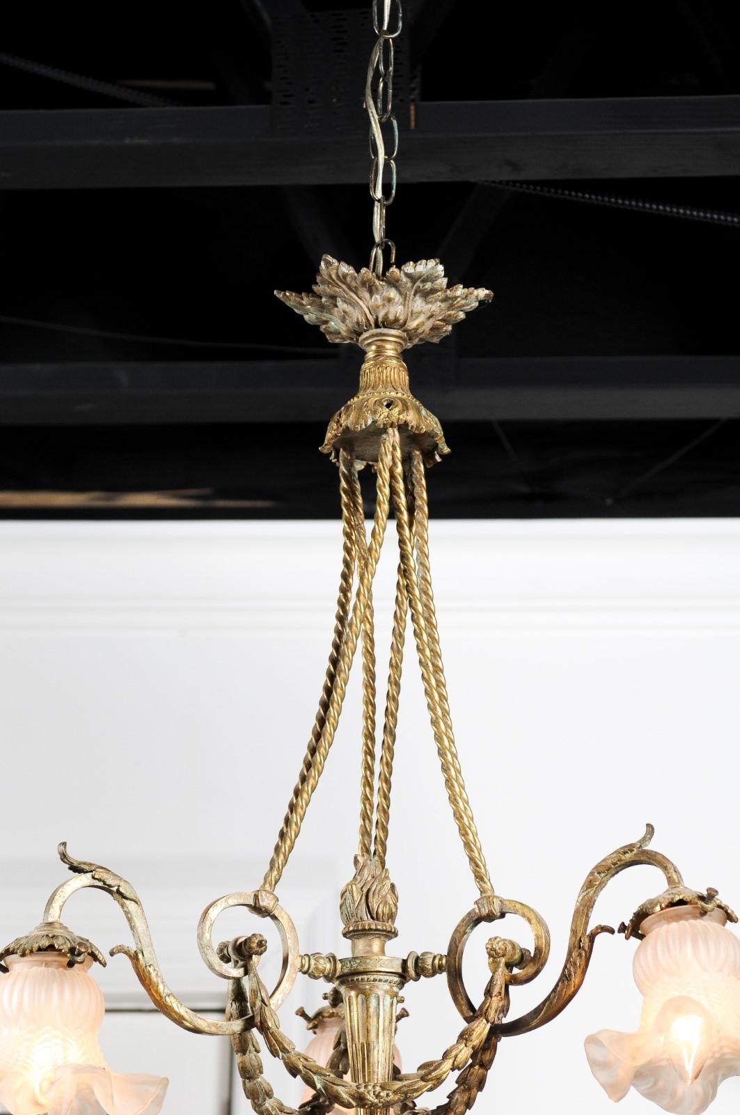 French Louis XVI Style 19th Century Bronze Three-Light Chandelier with Torch In Good Condition For Sale In Atlanta, GA