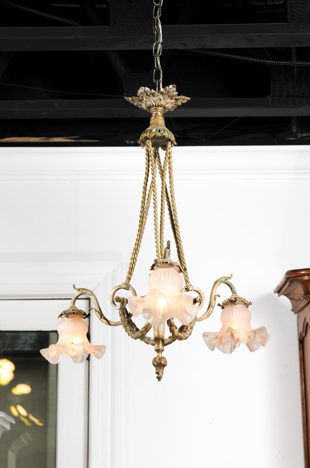 French Louis XVI Style 19th Century Bronze Three-Light Chandelier with Torch For Sale 1