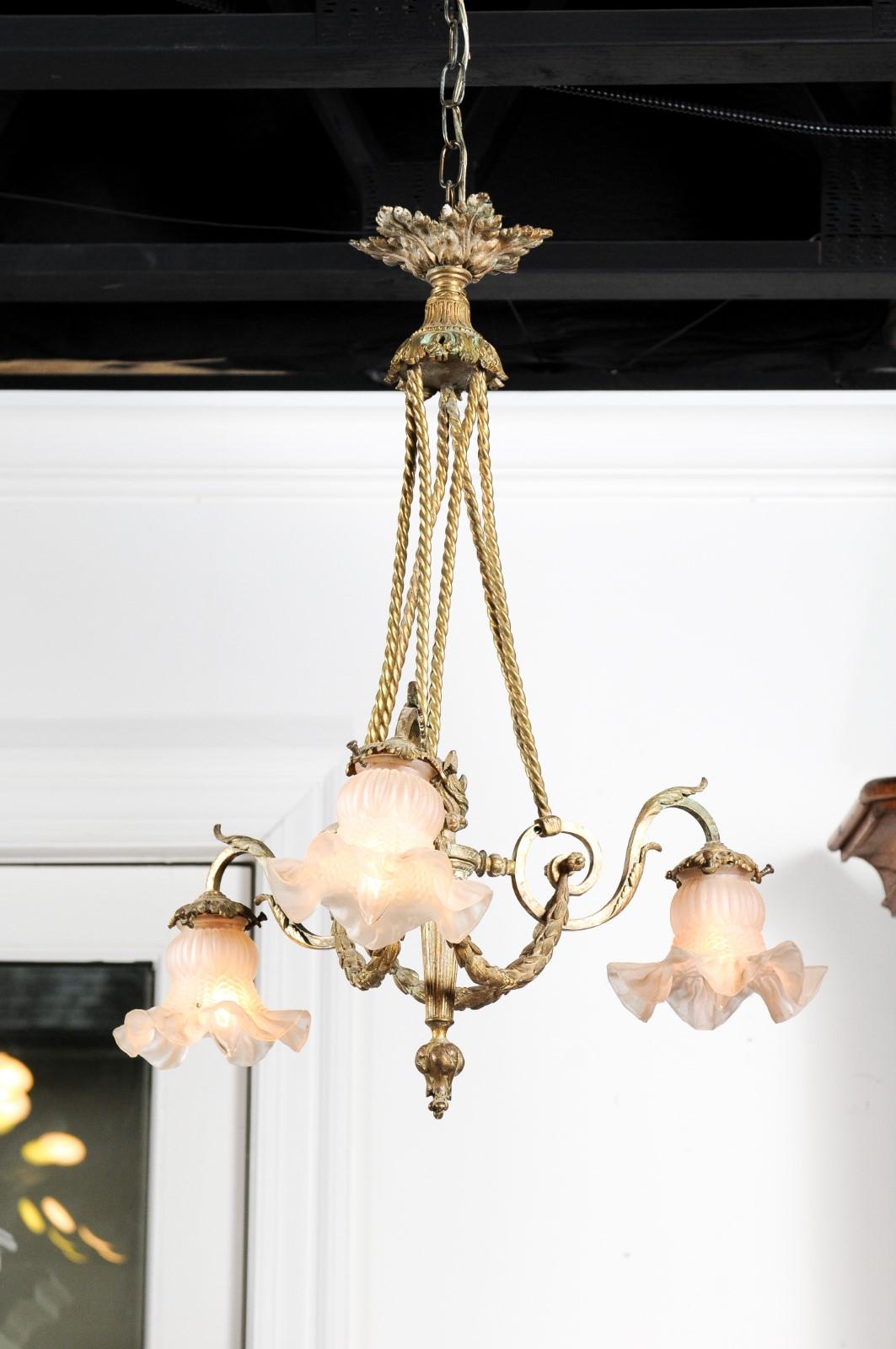 French Louis XVI Style 19th Century Bronze Three-Light Chandelier with Torch For Sale 2