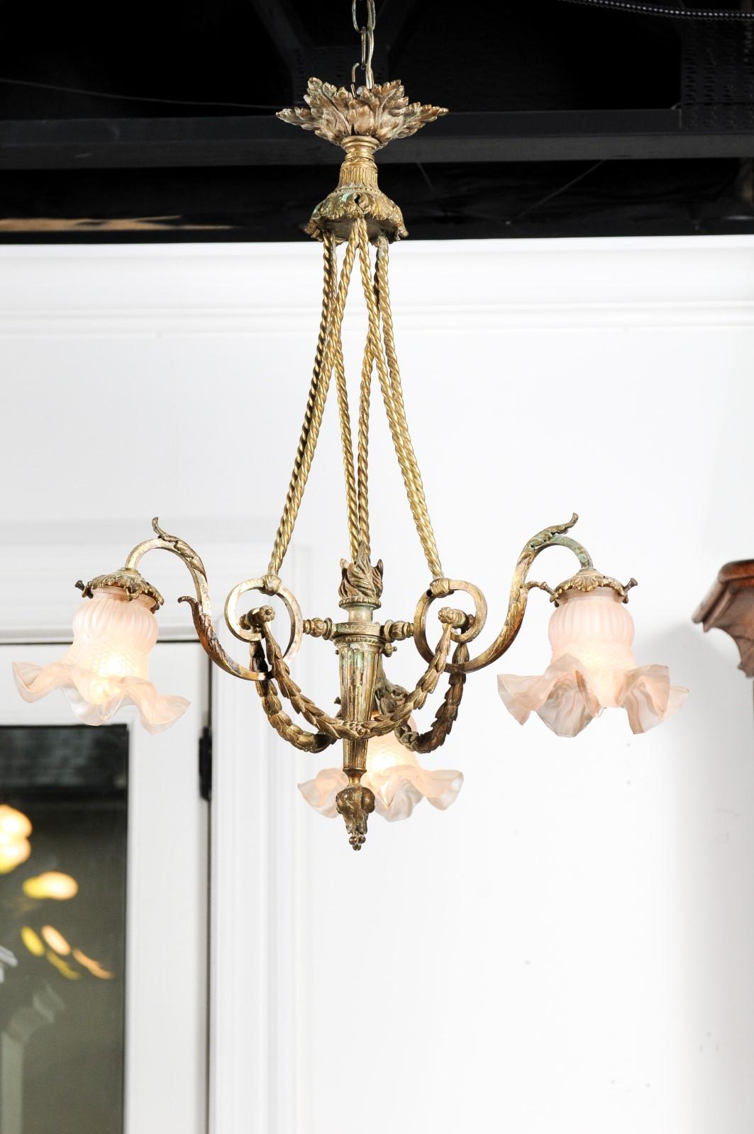 French Louis XVI Style 19th Century Bronze Three-Light Chandelier with Torch For Sale 3