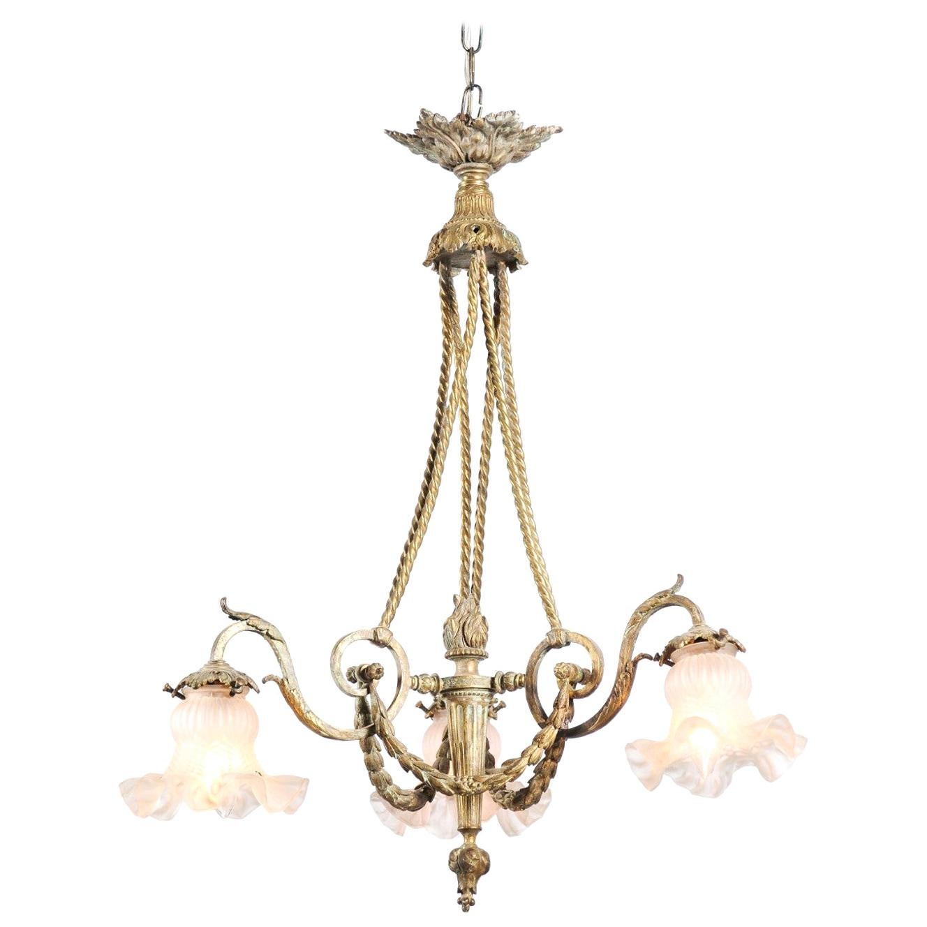 French Louis XVI Style 19th Century Bronze Three-Light Chandelier with Torch