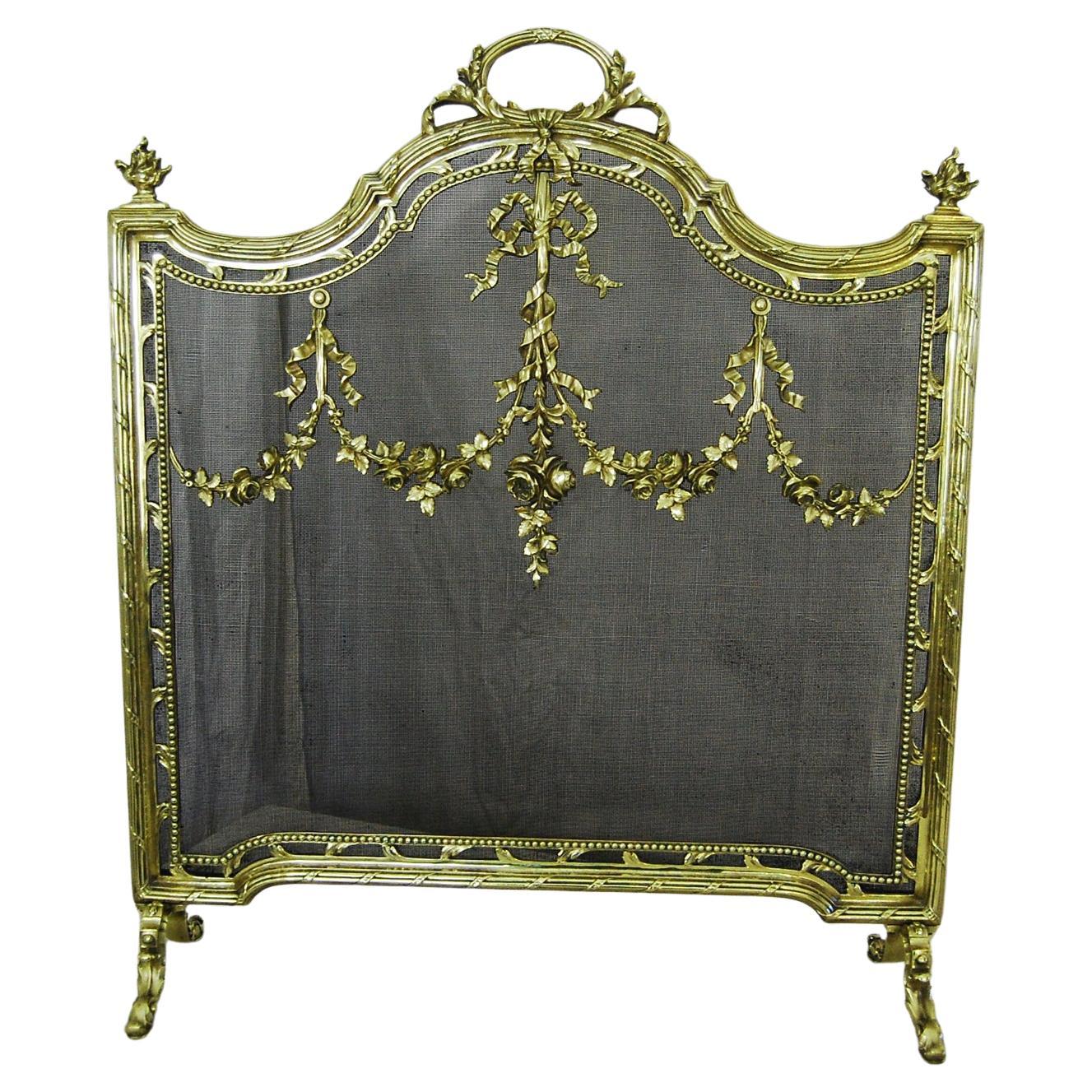 French Louis XVI Style 19th Century Cast Brass Rococo Fire Screen Steel Mesh For Sale