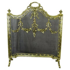 Antique French Louis XVI Style 19th Century Cast Brass Rococo Fire Screen Steel Mesh