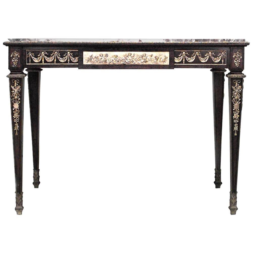 French Louis XVI Style Mahogany Cupid Center Table with Marble Top