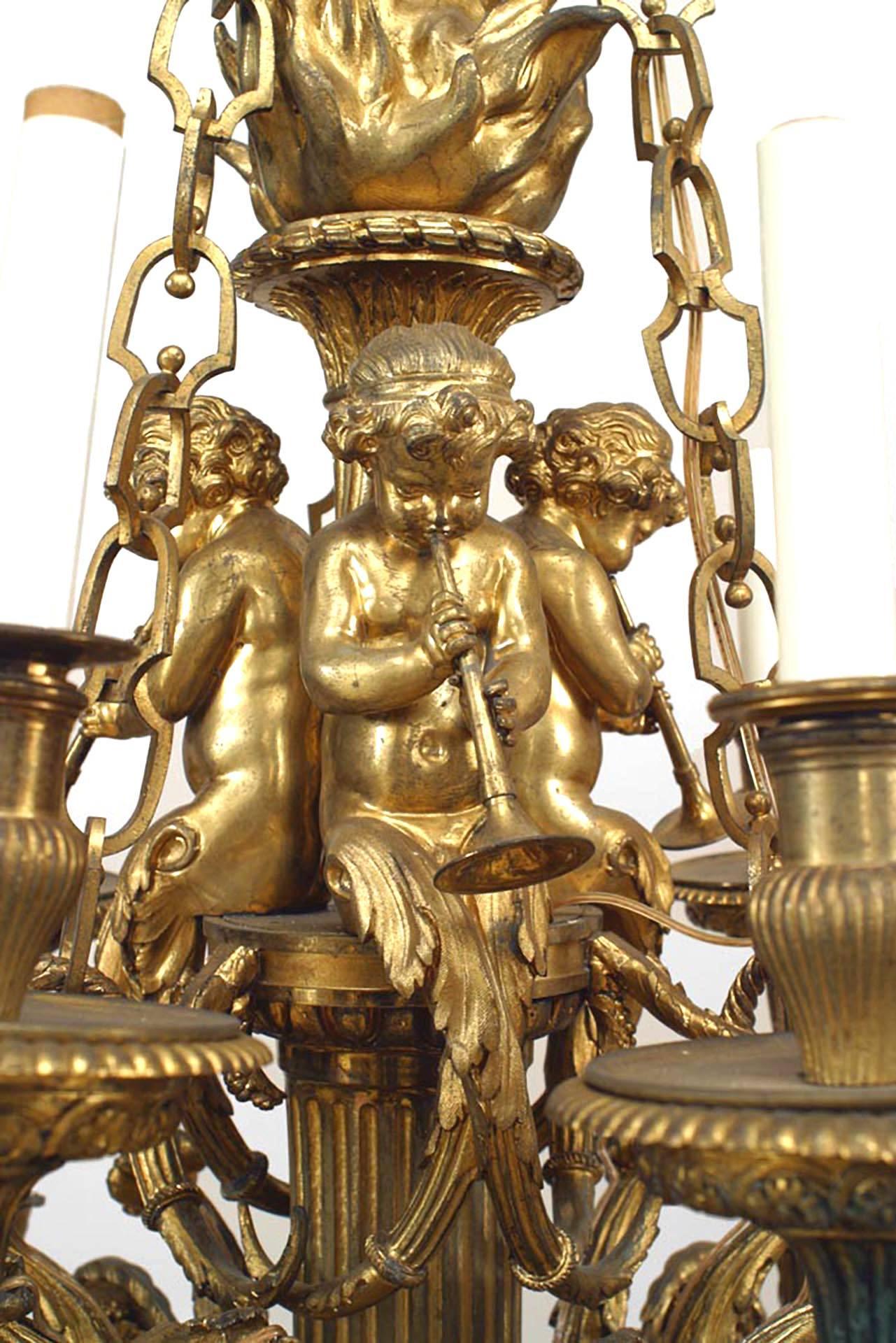 19th Century French Louis XVI Style Bronze Dore Cupid Chandelier For Sale
