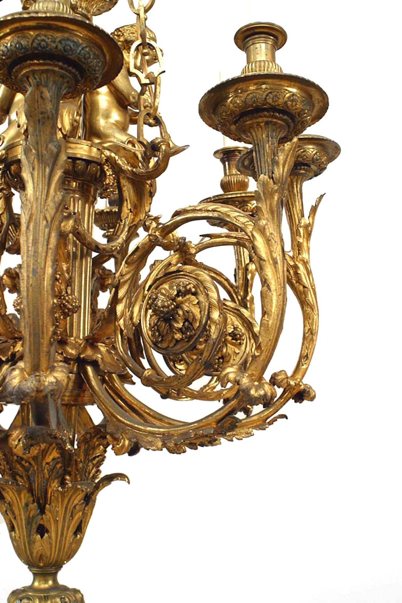 French Louis XVI Style Bronze Dore Cupid Chandelier For Sale 1
