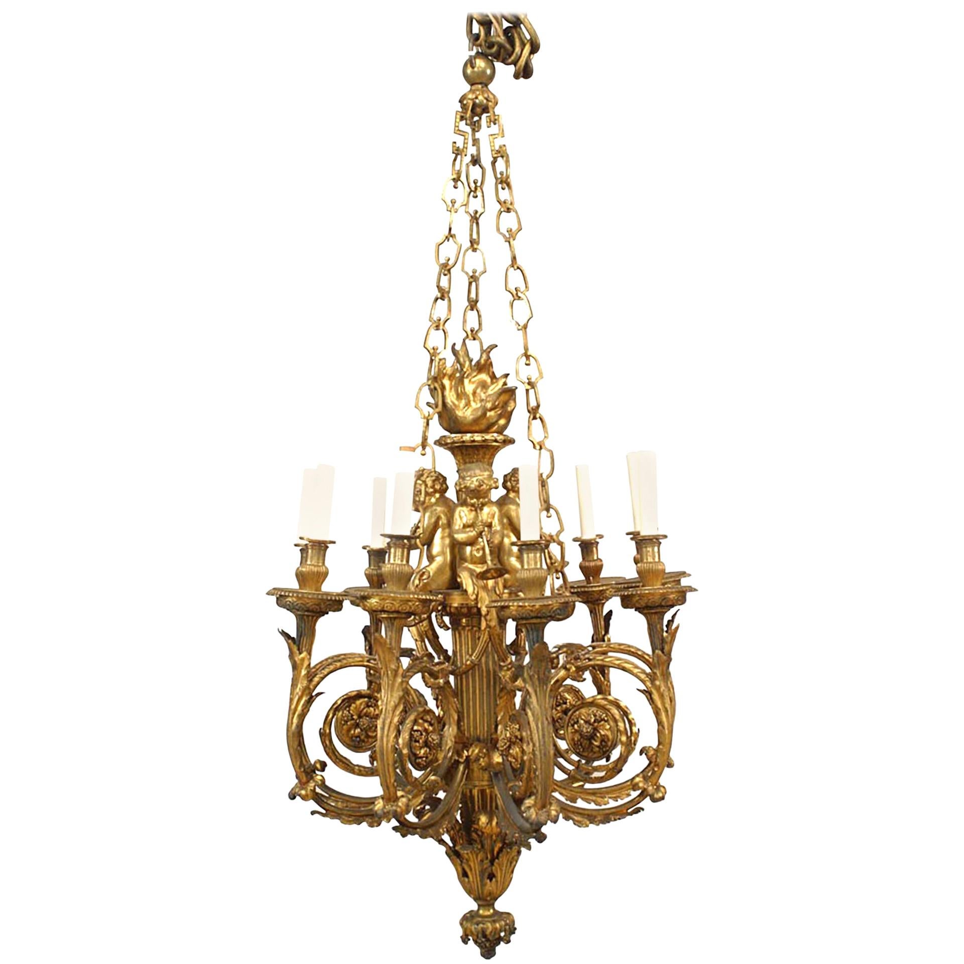 French Louis XVI Style Bronze Dore Cupid Chandelier For Sale