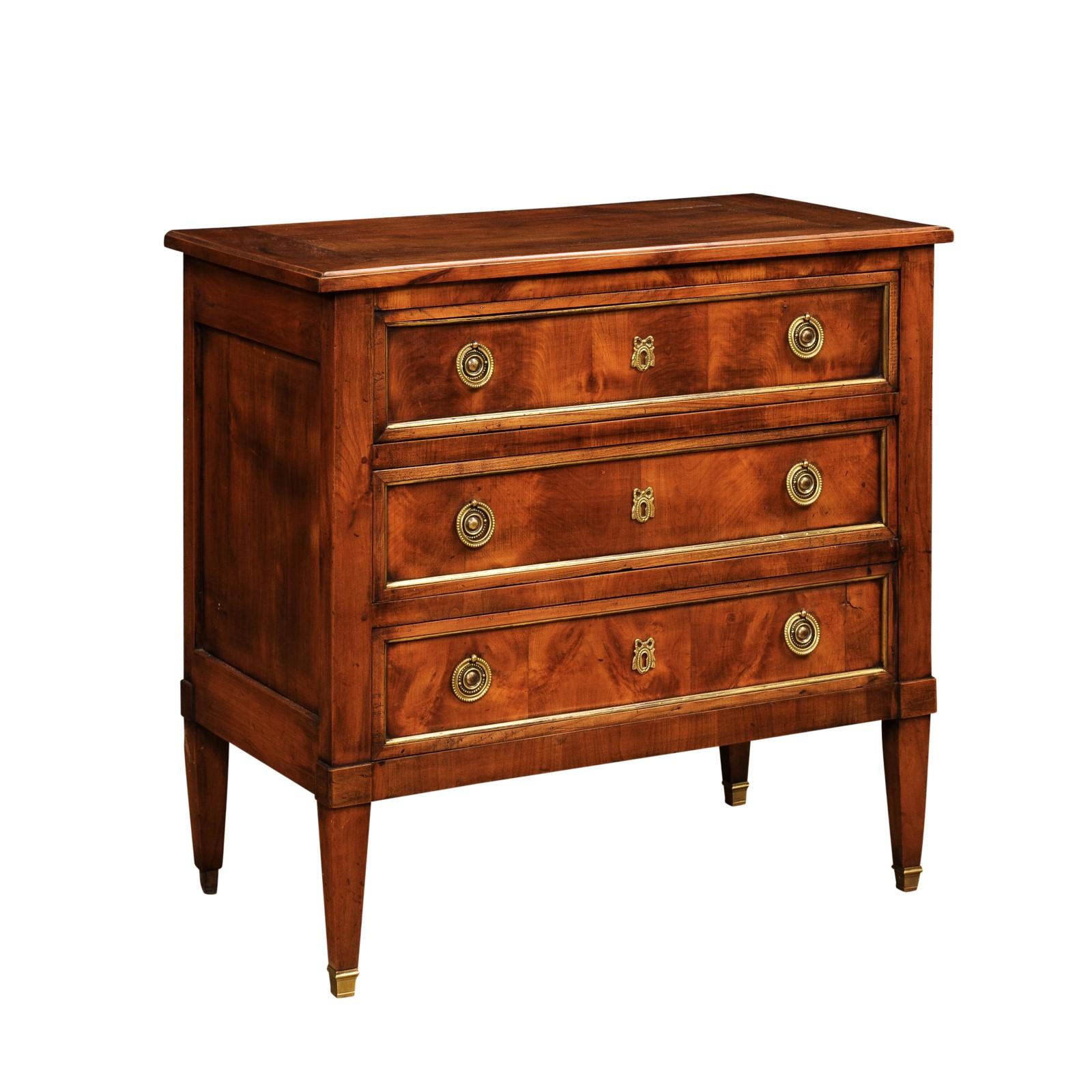 Veneer French Louis XVI Style 19th Century Cherry Three Drawer Chest with Brass Details
