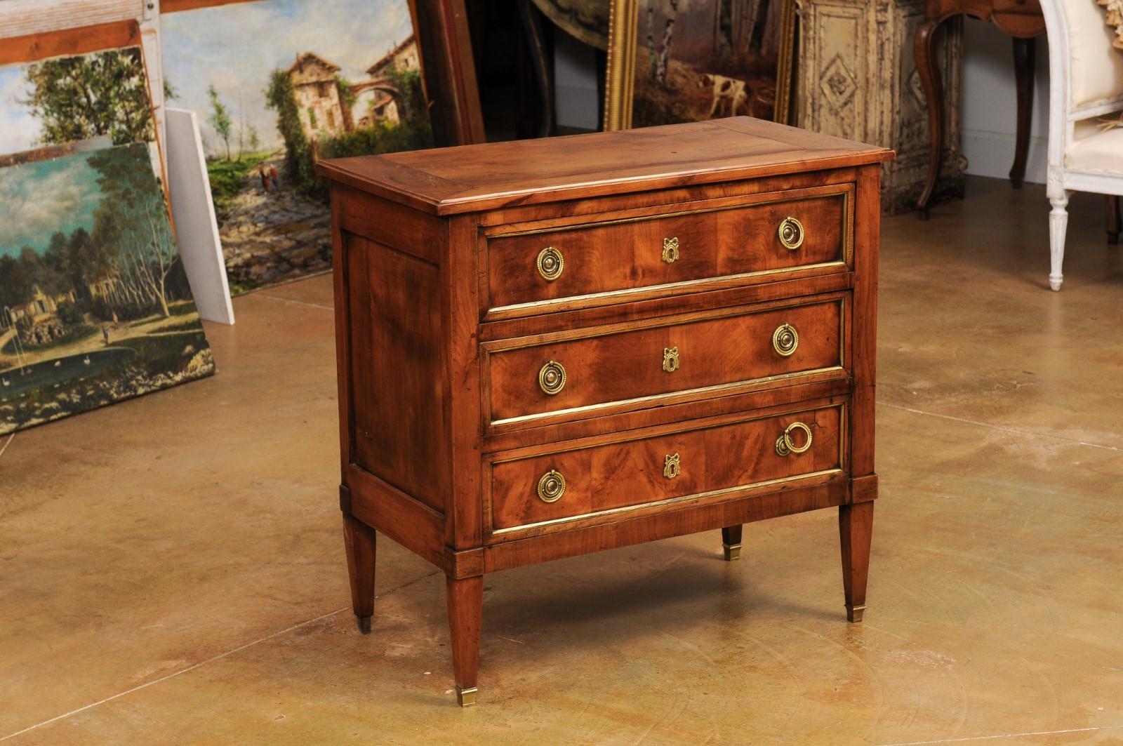 French Louis XVI Style 19th Century Cherry Three Drawer Chest with Brass Details In Good Condition In Atlanta, GA