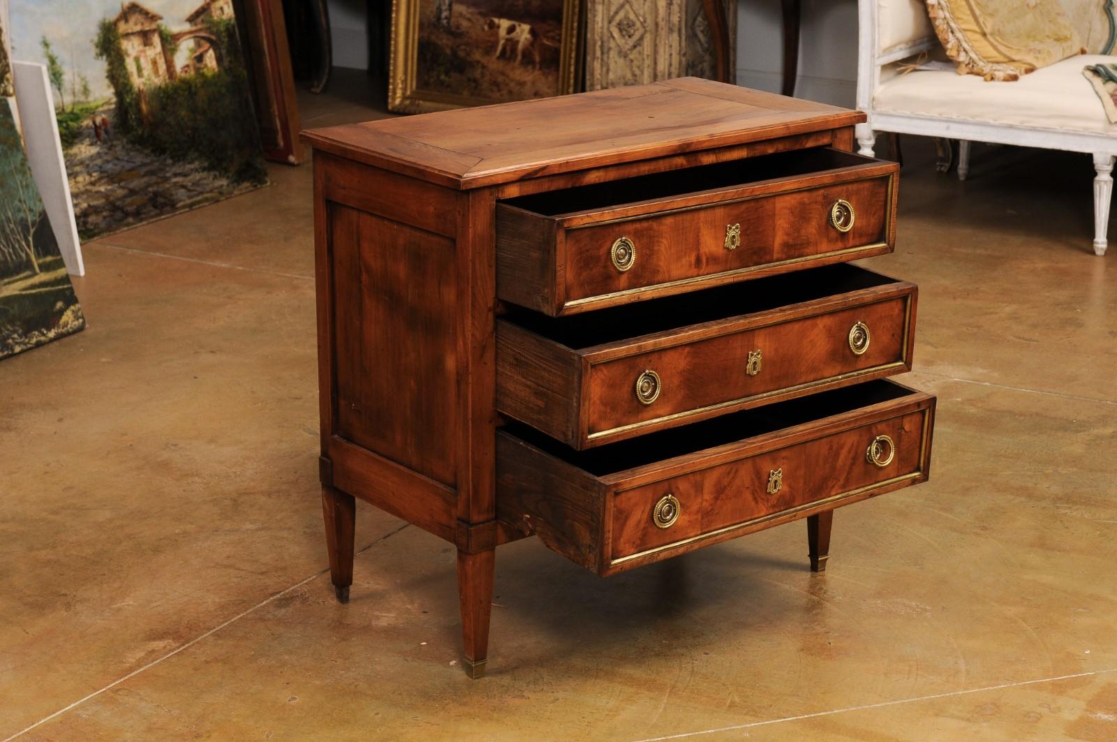 French Louis XVI Style 19th Century Cherry Three Drawer Chest with Brass Details 1