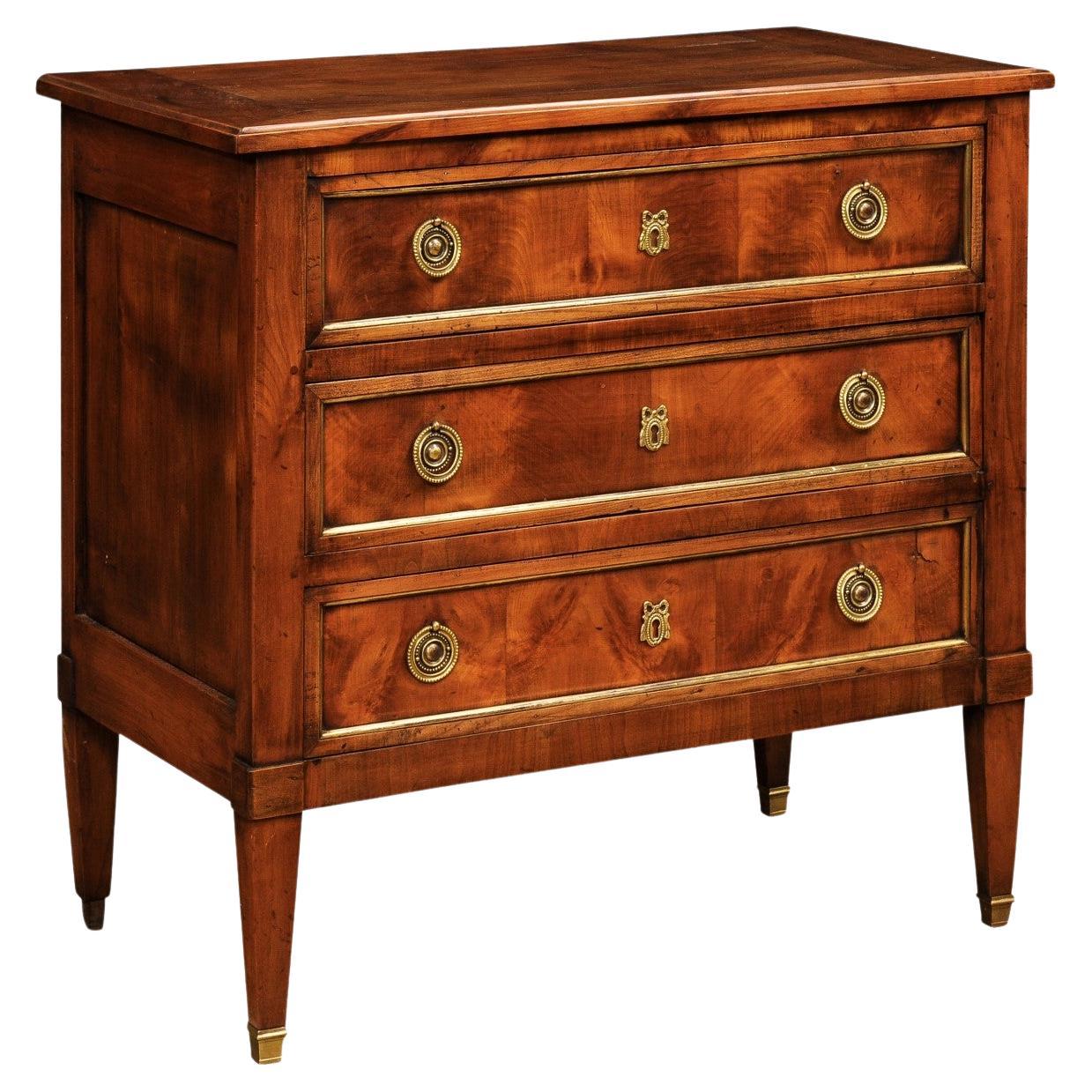 French Louis XVI Style 19th Century Cherry Three Drawer Chest with Brass Details
