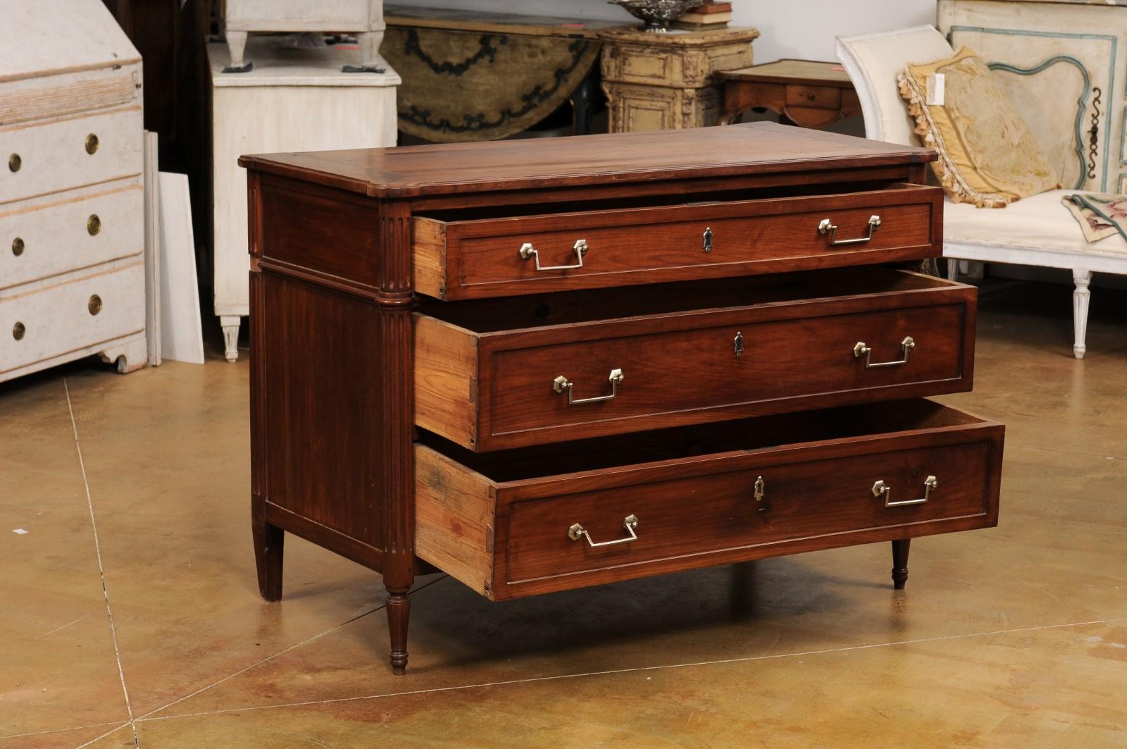 Brass French Louis XVI Style 19th Century Cherry Three-Drawer Commode with Fluting For Sale
