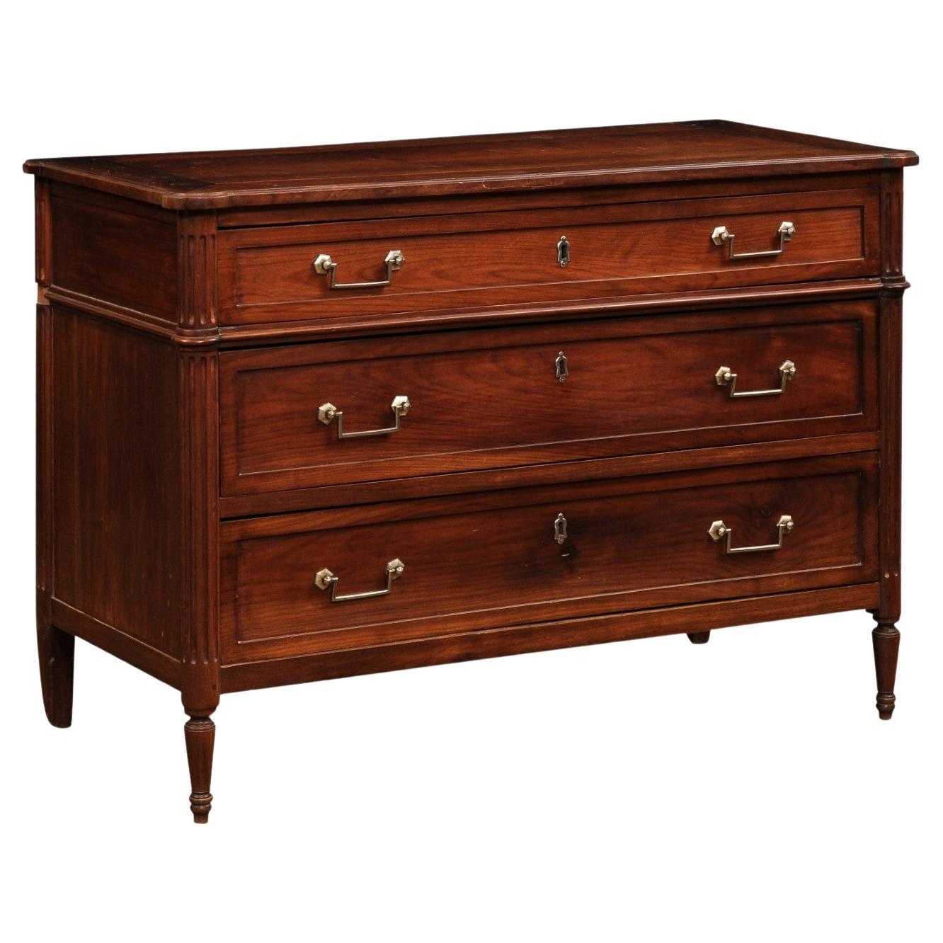 French Louis XVI Style 19th Century Cherry Three-Drawer Commode with Fluting For Sale