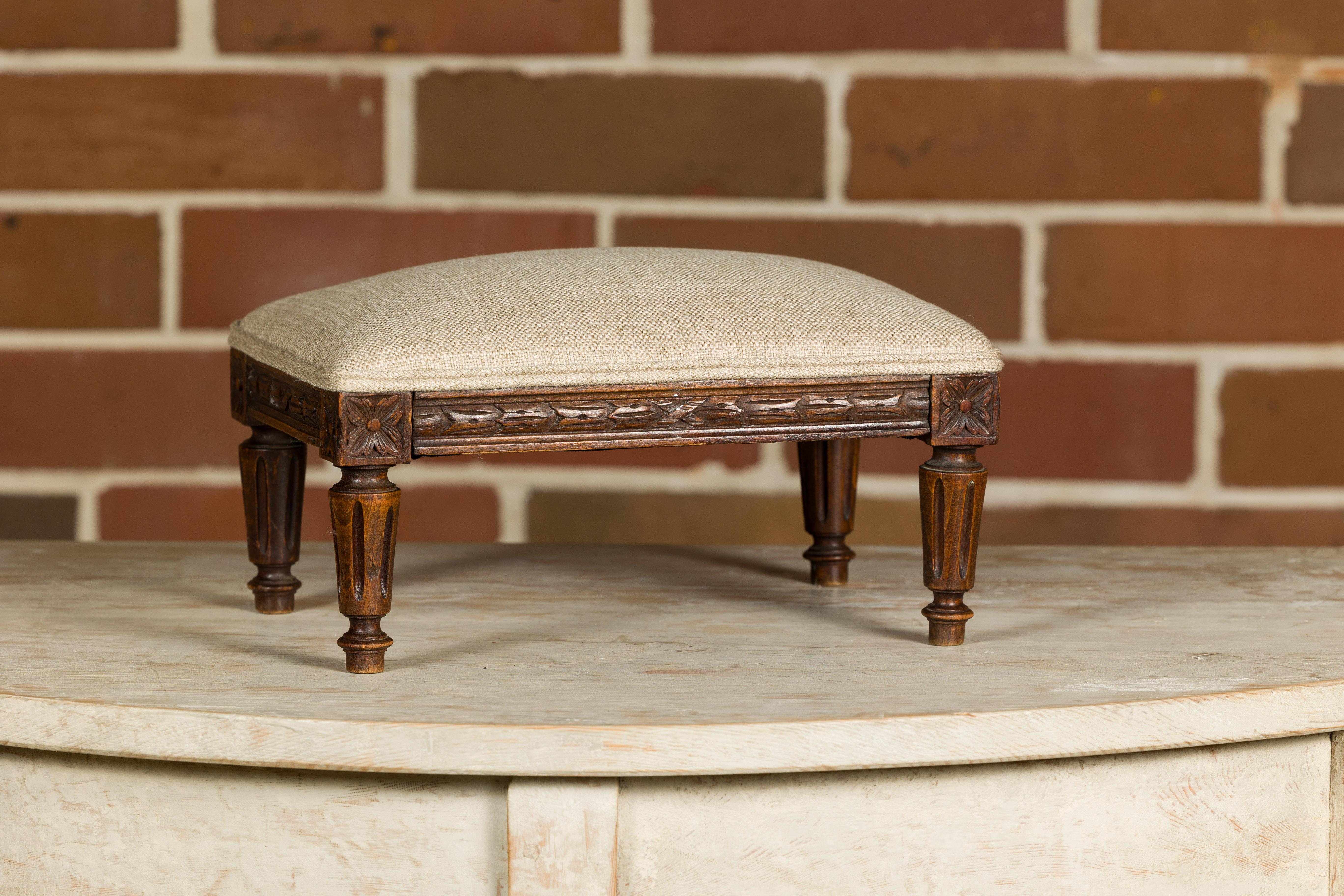Upholstery French Louis XVI Style 19th Century Footstool with Carved Décor and Fluted Legs For Sale