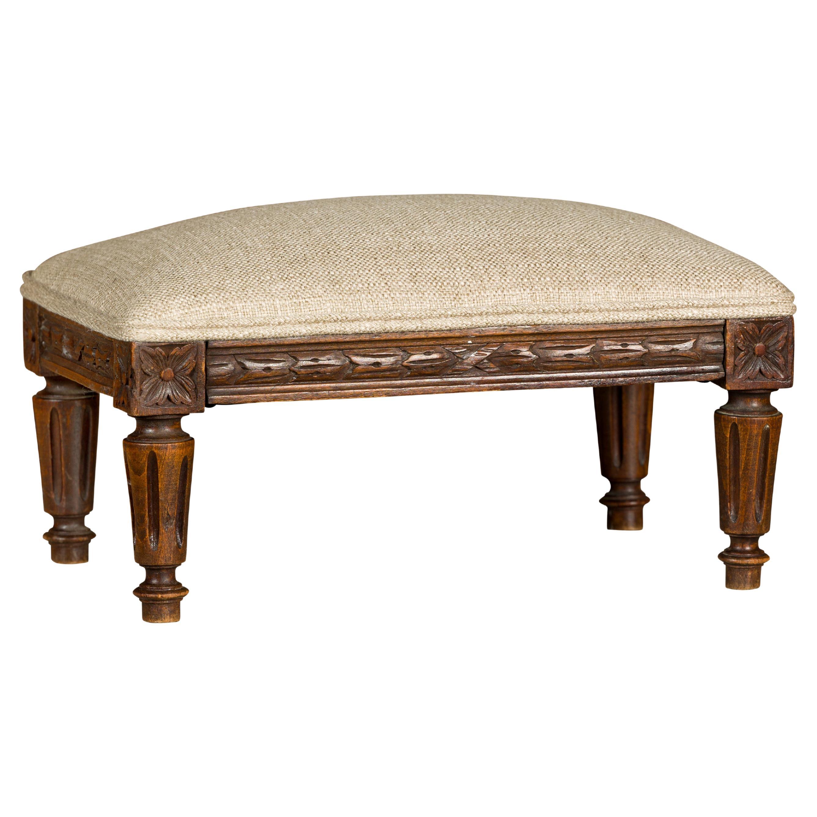 French Louis XVI Style 19th Century Footstool with Carved Décor and Fluted Legs