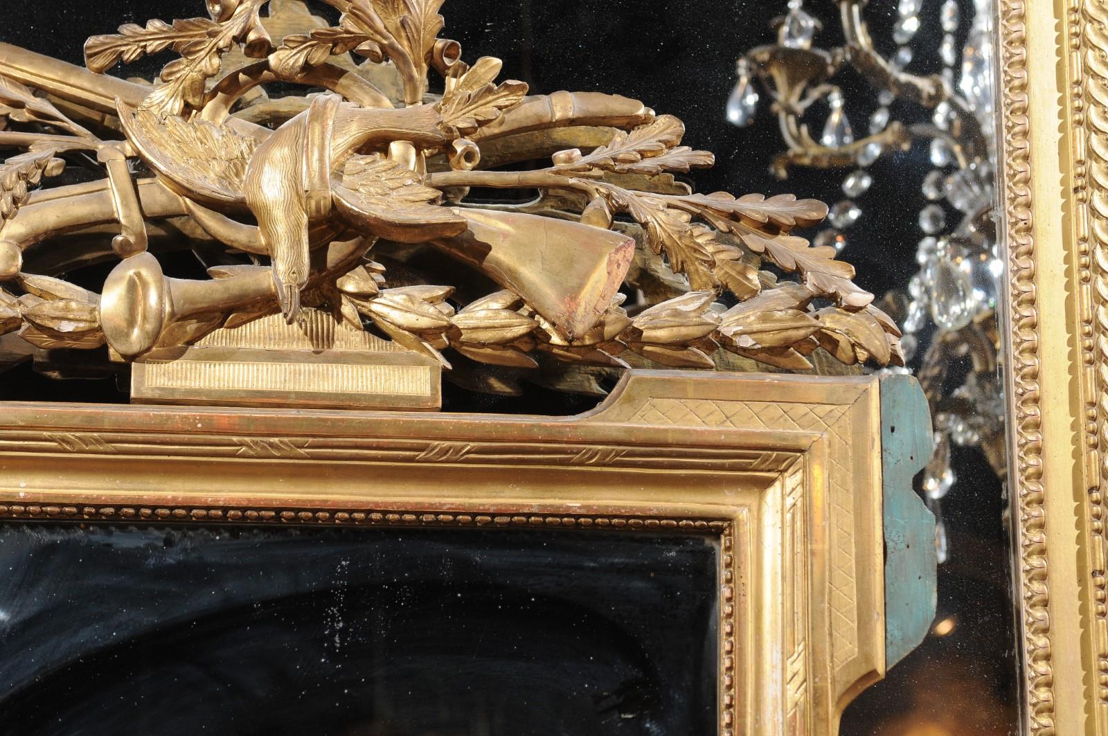 French Louis XVI Style 19th Century Gilt Mirror with Hunting Theme Carved Crest 7