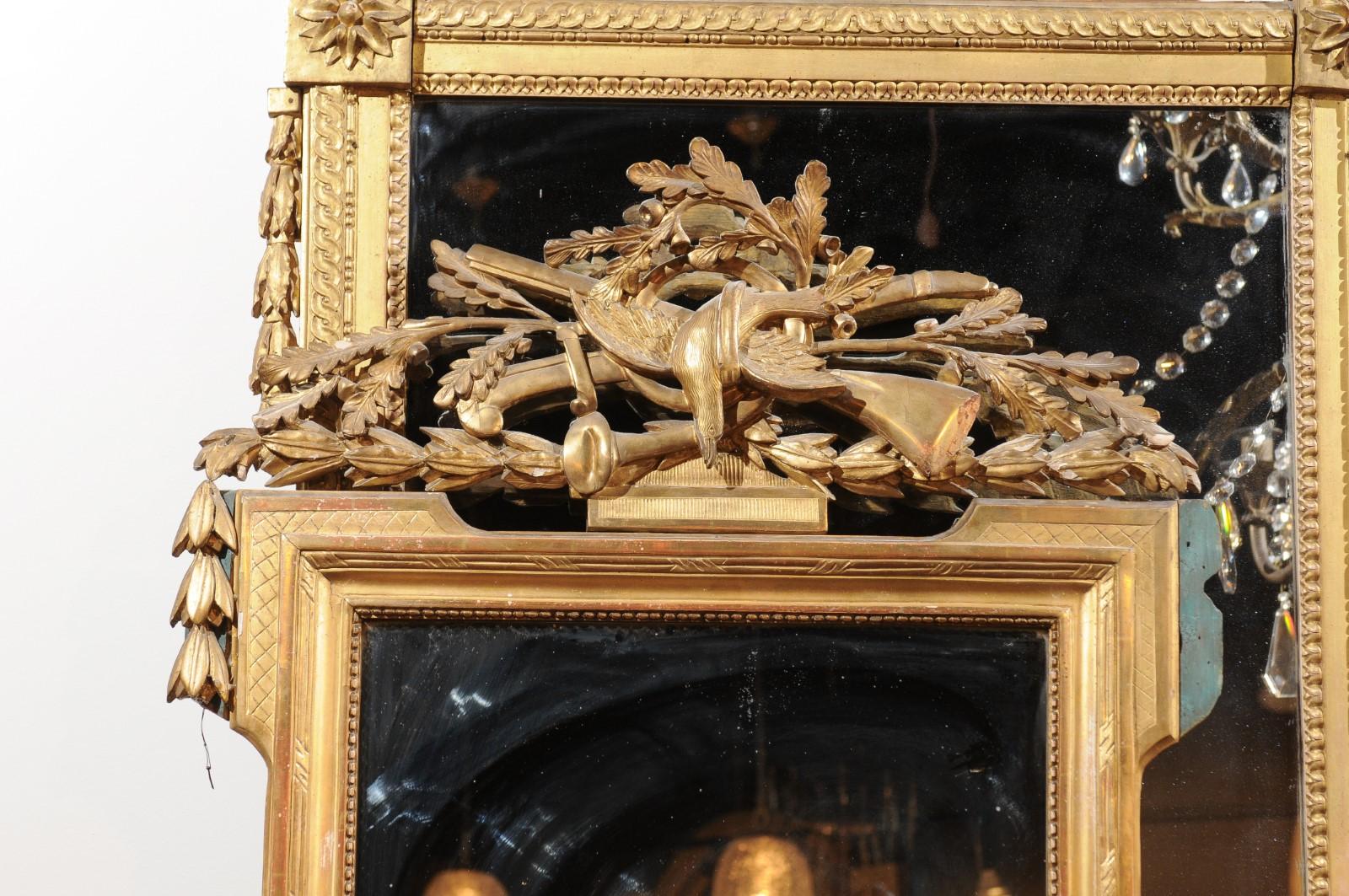 French Louis XVI Style 19th Century Gilt Mirror with Hunting Theme Carved Crest 1