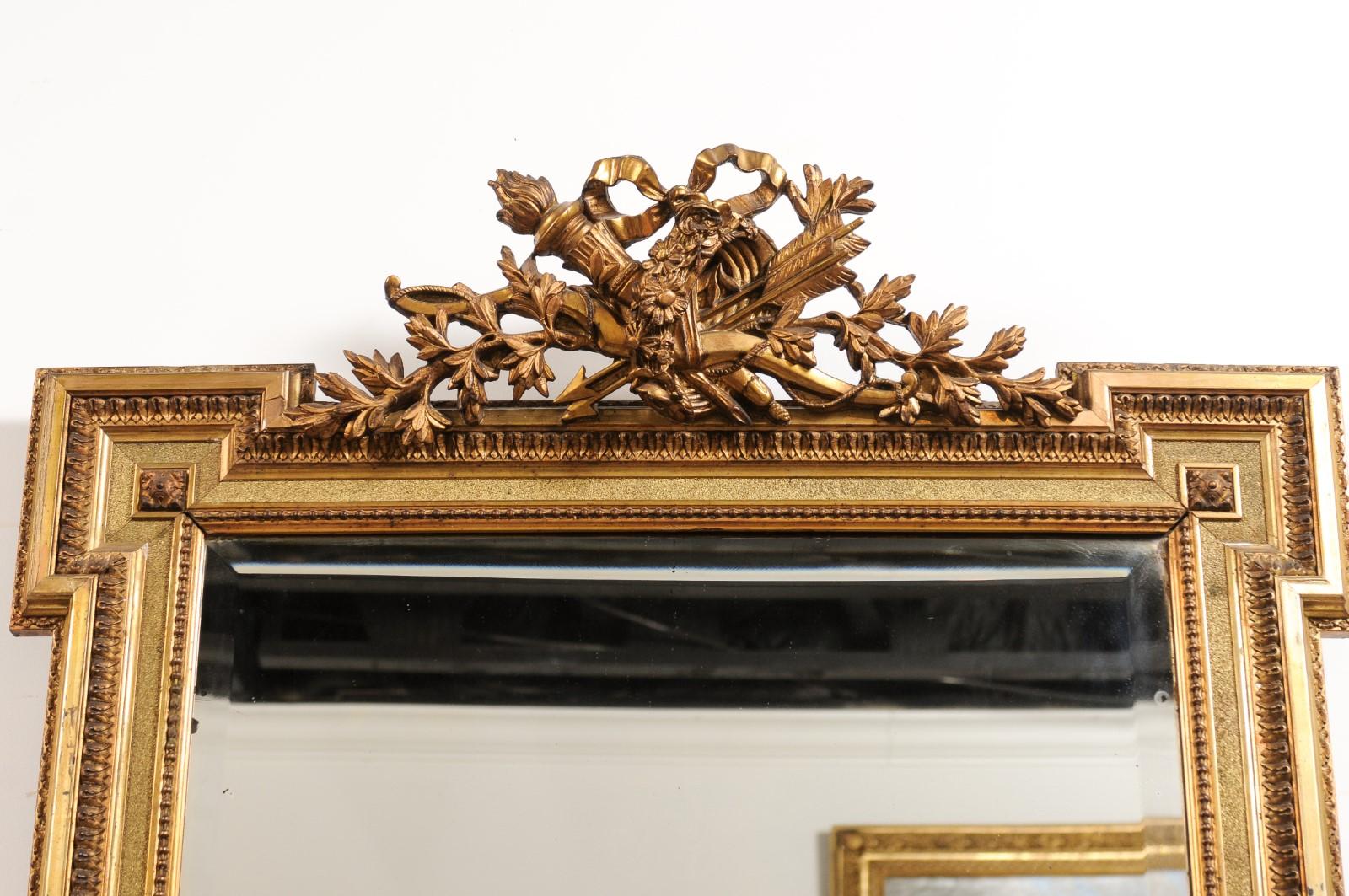 French Louis XVI Style 19th Century Giltwood Mirror with Carved Arrows and Torch For Sale 4