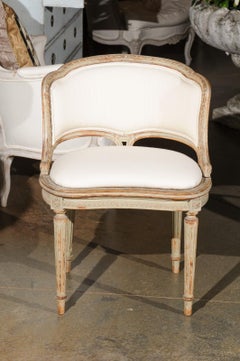 French Louis XVI Style 19th Century Grey Painted Vanity Chair with Upholstery