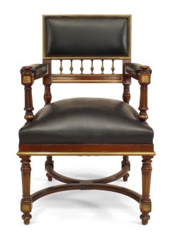 19th Century French Louis XVI Armchairs in Mahogany & Black Leather