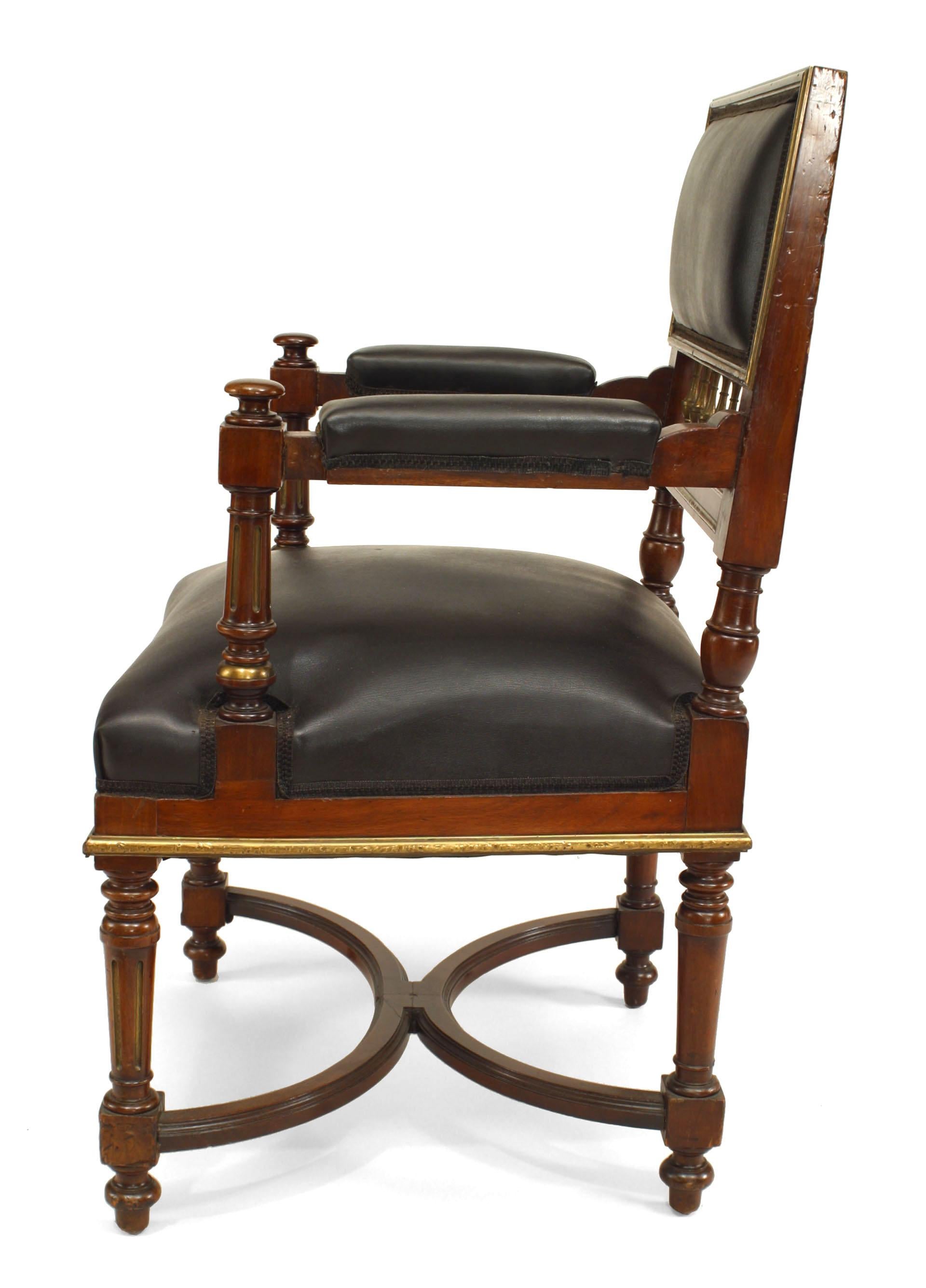 19th Century Pair of French Louis XVI Mahogany and Black Leather Armchairs For Sale