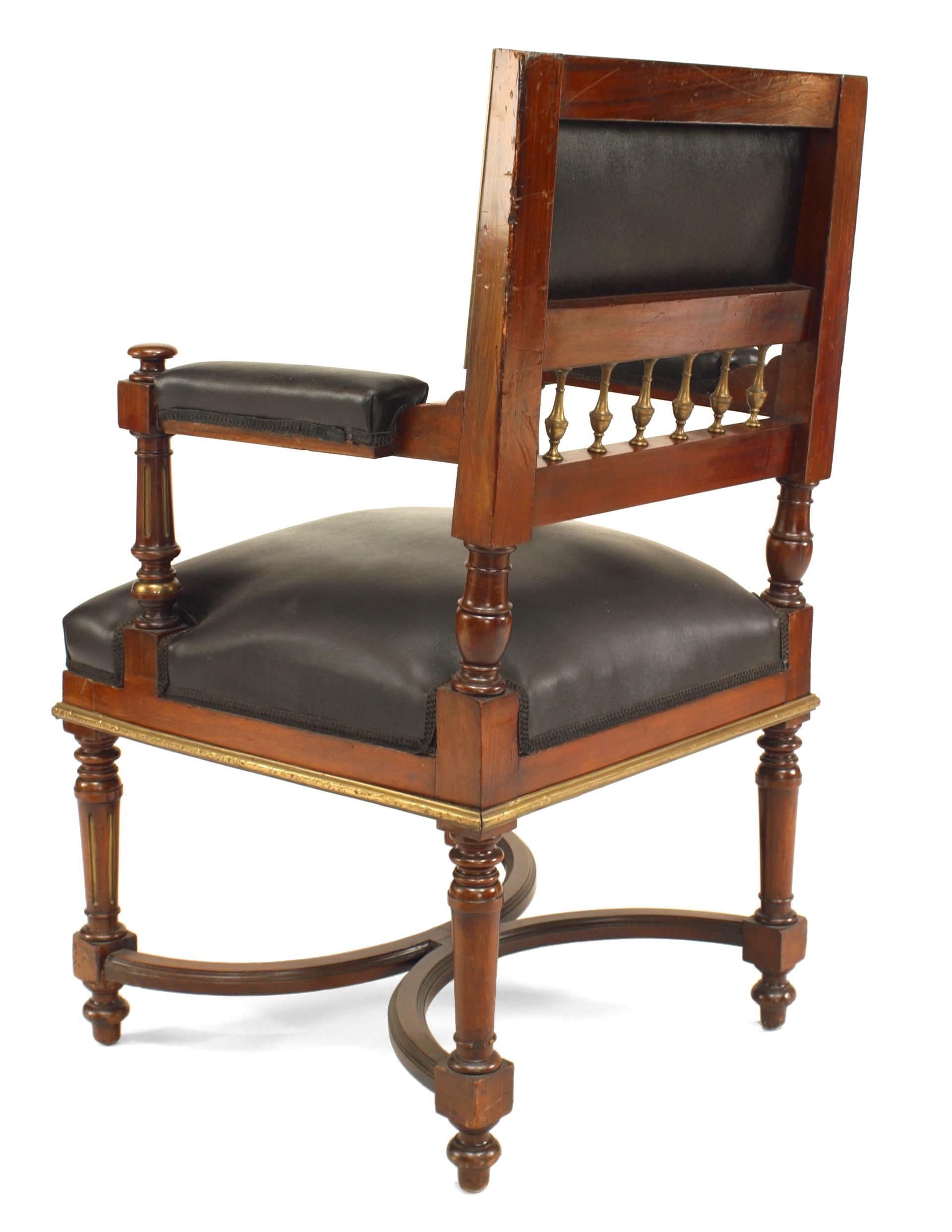 Brass Pair of French Louis XVI Mahogany and Black Leather Armchairs For Sale