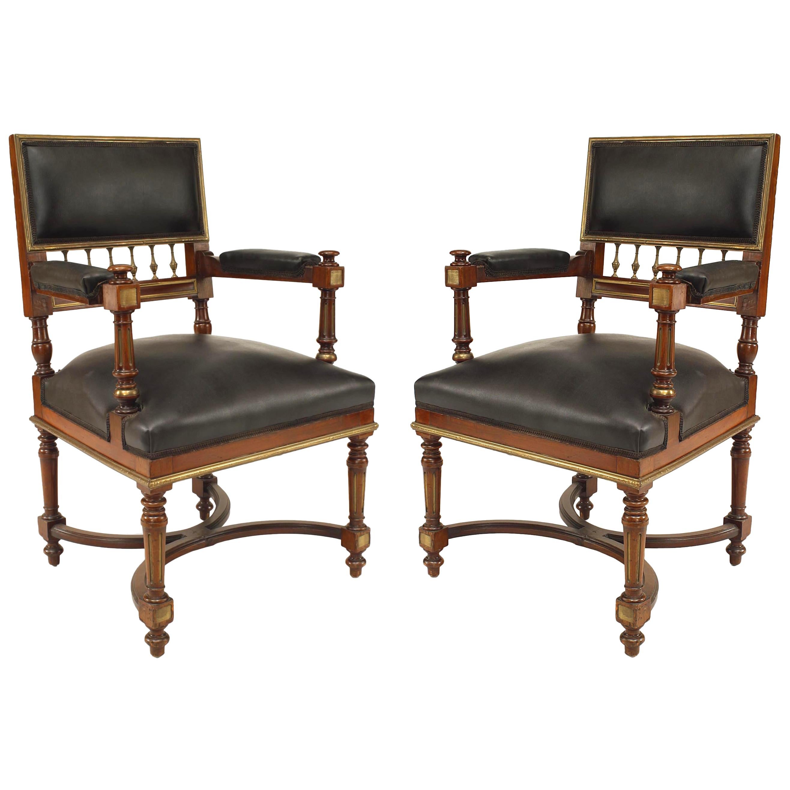 Pair of French Louis XVI Mahogany and Black Leather Armchairs For Sale