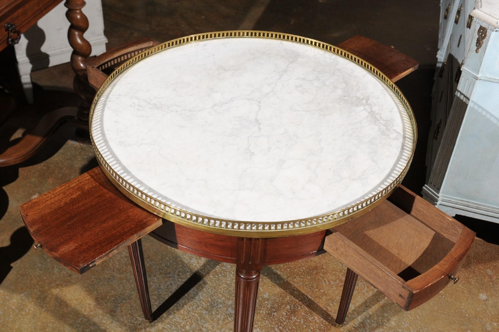 Brass French Louis XVI Style 19th Century Mahogany Bouillotte Table with Marble Top