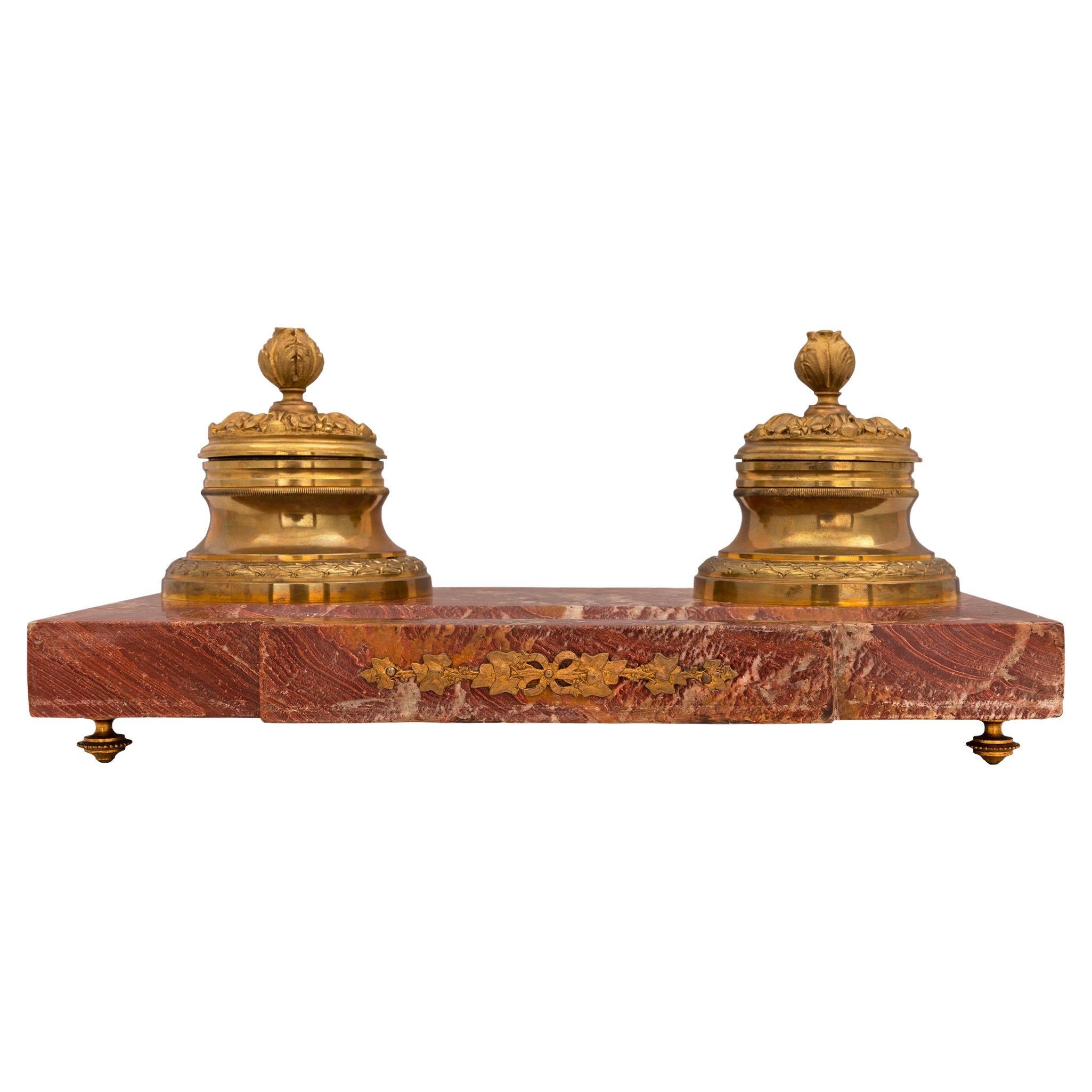 French Louis XVI Style 19th Century Marble and Ormolu Inkwell For Sale