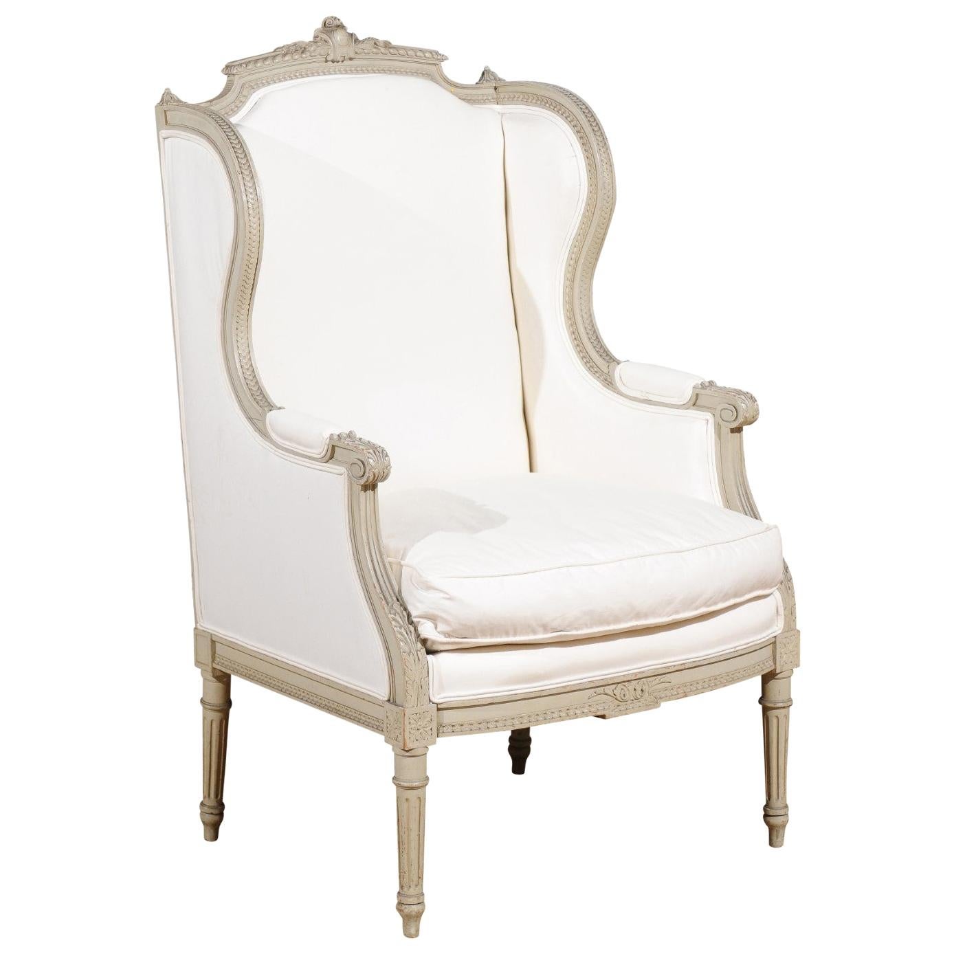French Louis XVI Style 19th Century Painted and Carved Wingback Bergère Chair