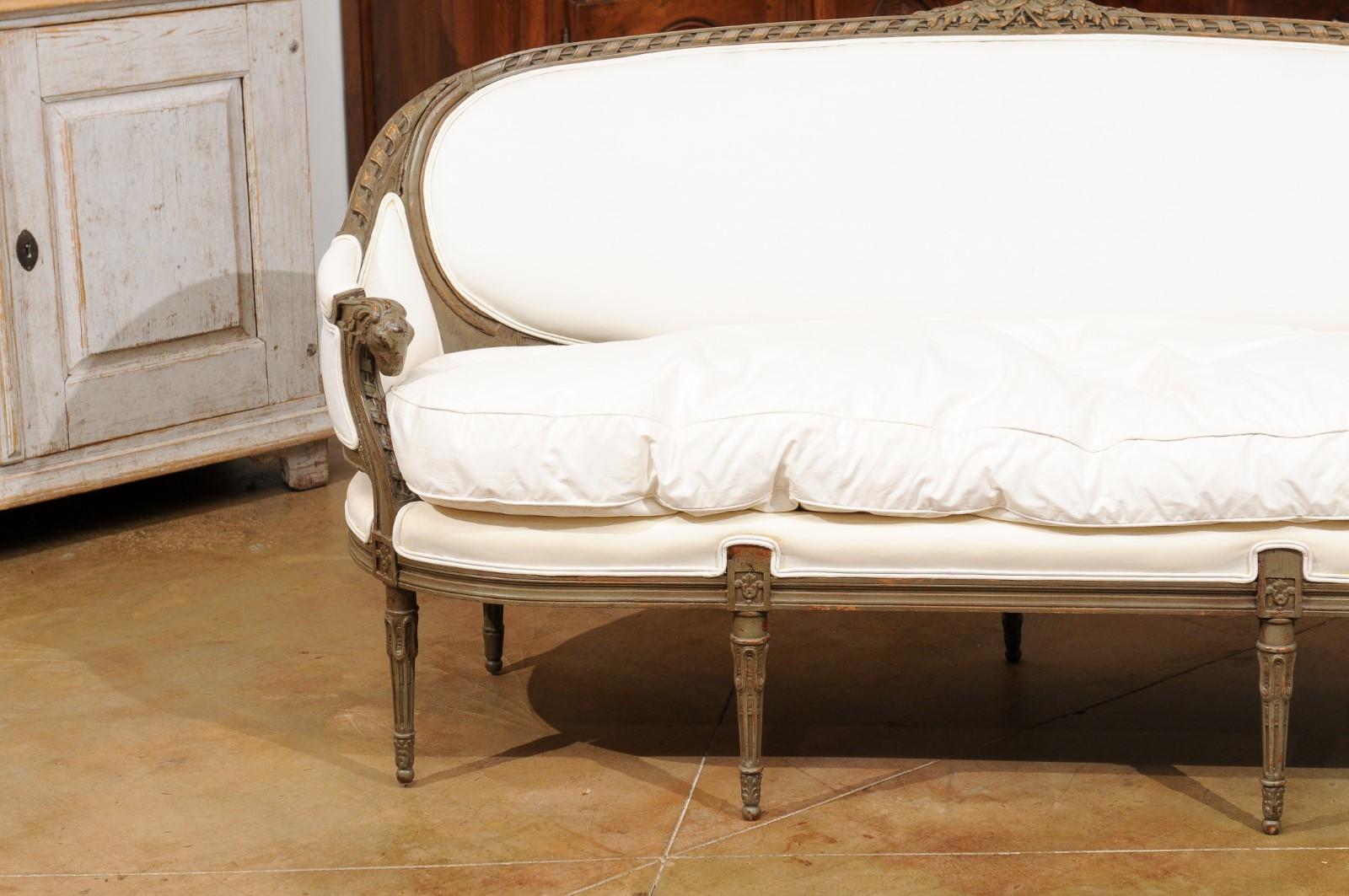 Carved French Louis XVI Style 19th Century Painted and Upholstered Canapé en Corbeille