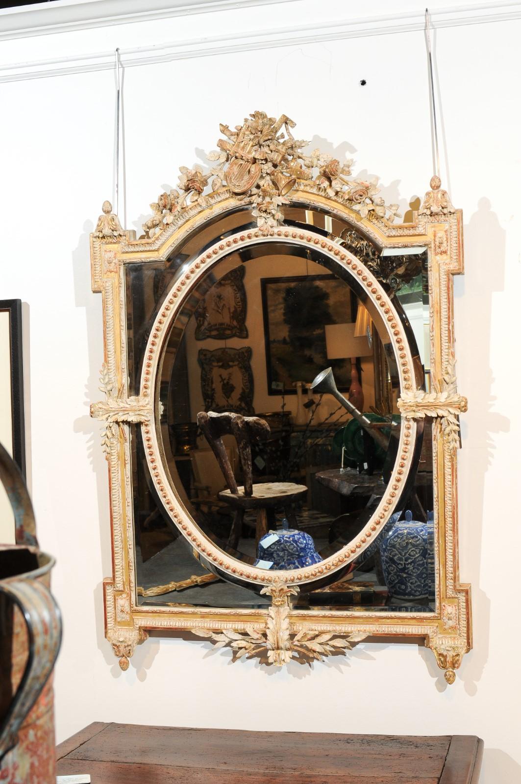 Hand-Carved French Louis XVI Style 19th Century Pareclose Mirror with Liberal Arts Symbols