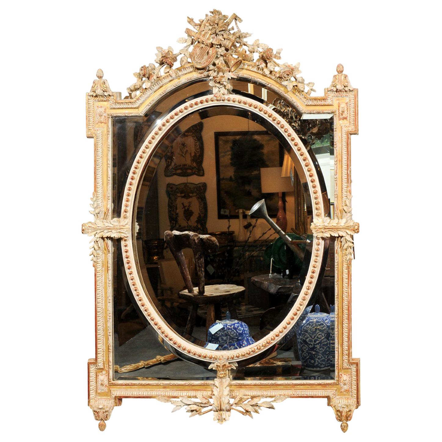 French Louis XVI Style 19th Century Pareclose Mirror with Liberal Arts Symbols