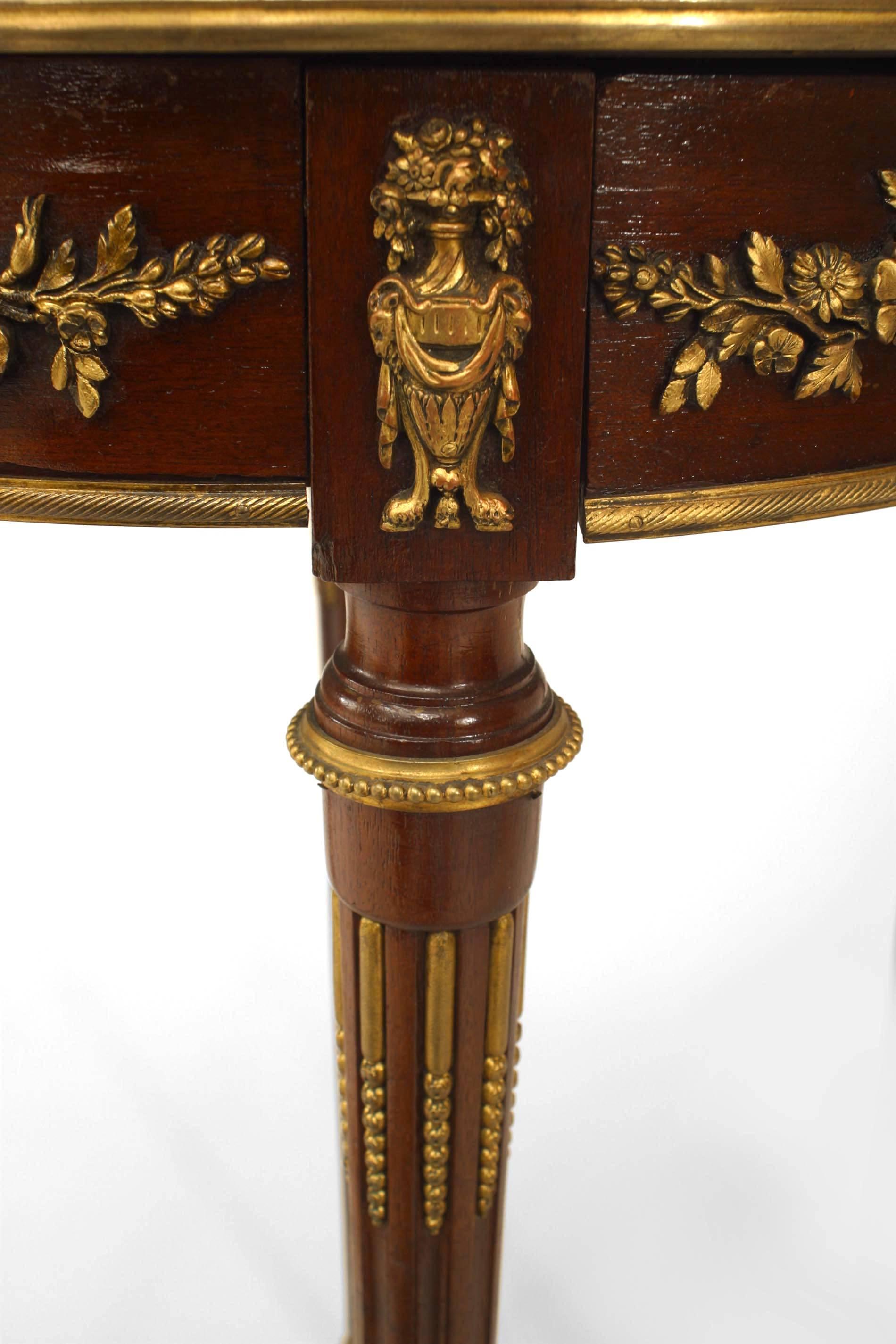 Brass French Louis XVI Mahogany Floral End Table For Sale