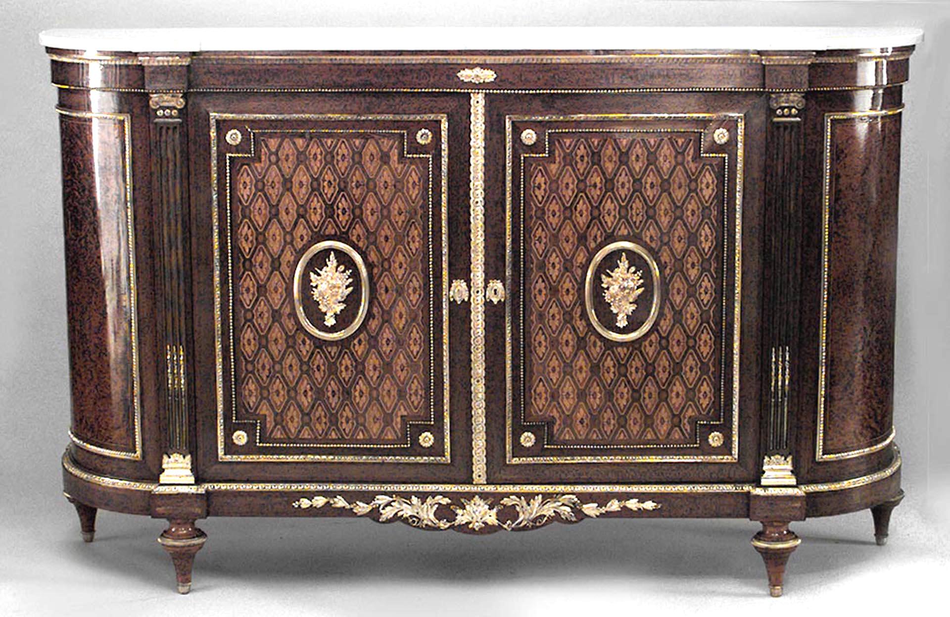 French Louis XVI-style (19th Century) inlaid 2 door sideboard cabinet with bronze trim and white marble top.
