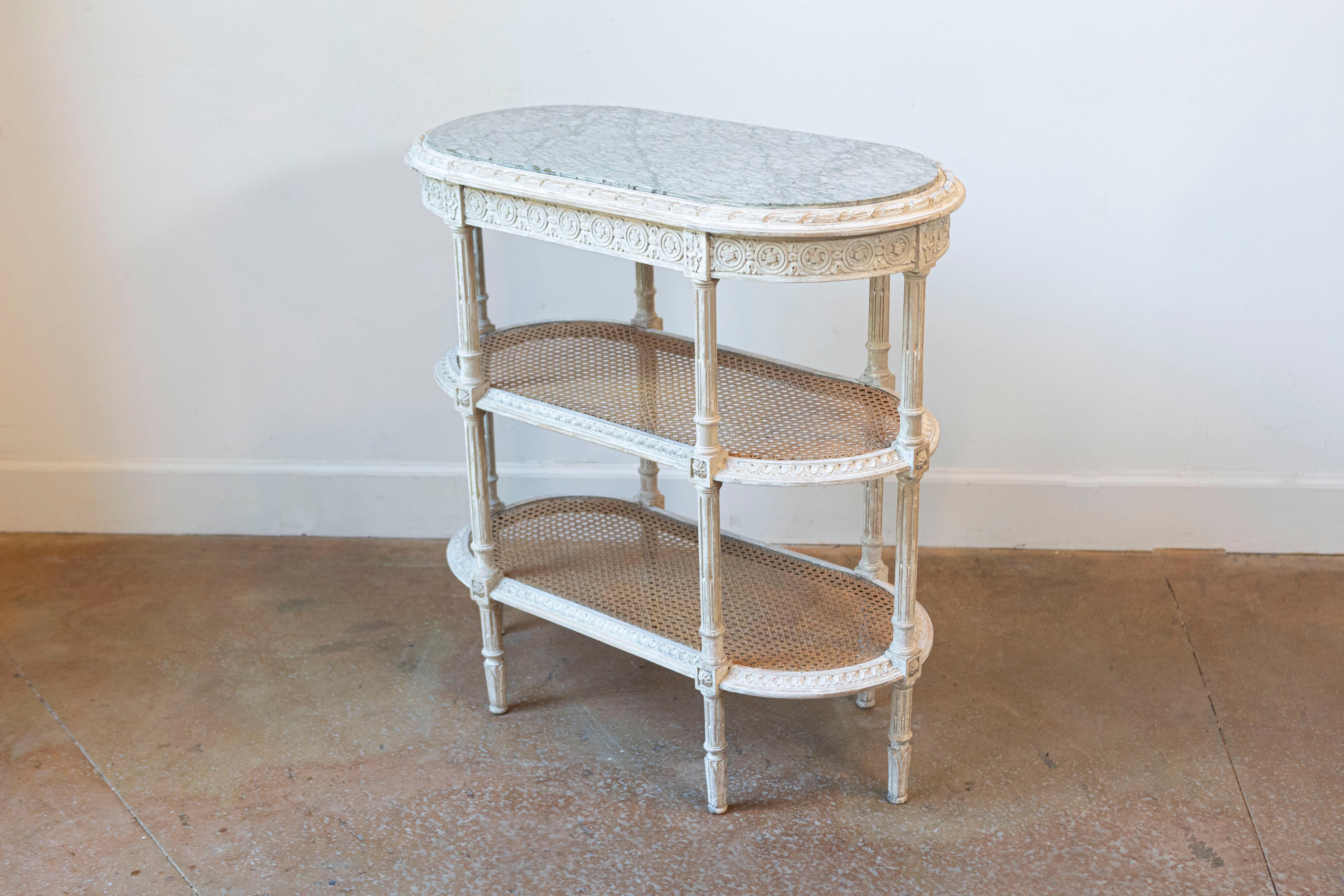 Carved French Louis XVI Style 19th Century Tiered Table with Marble Top and Caning