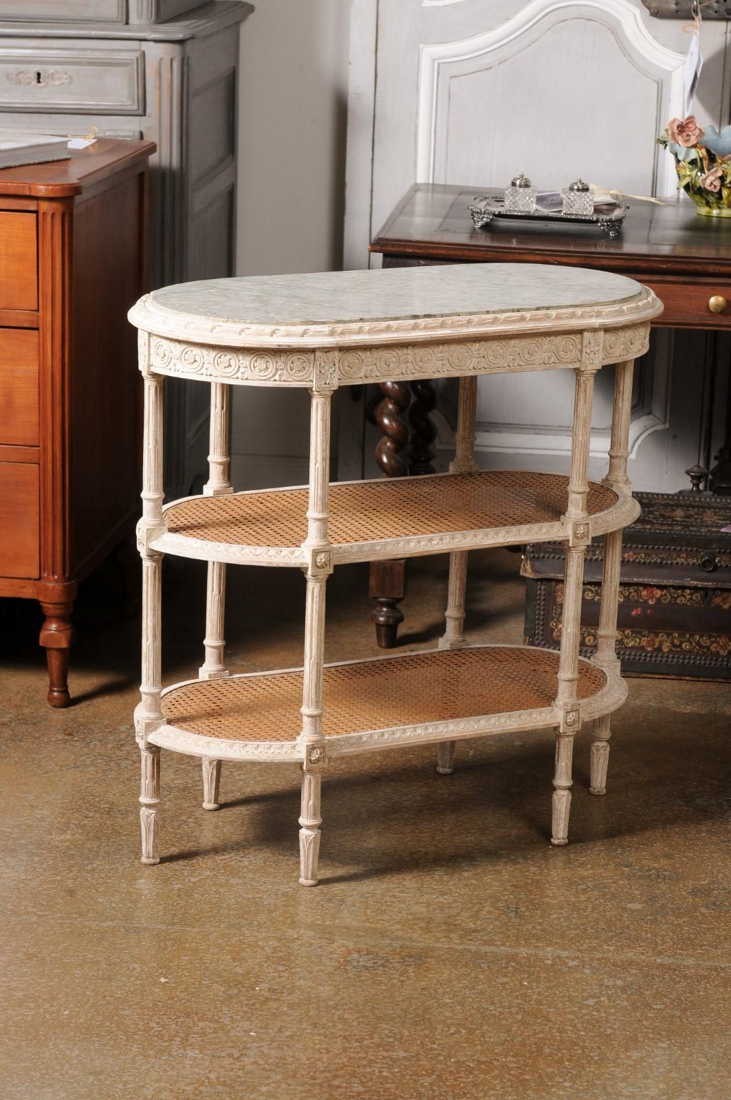 French Louis XVI Style 19th Century Tiered Table with Marble Top and Caning In Good Condition For Sale In Atlanta, GA