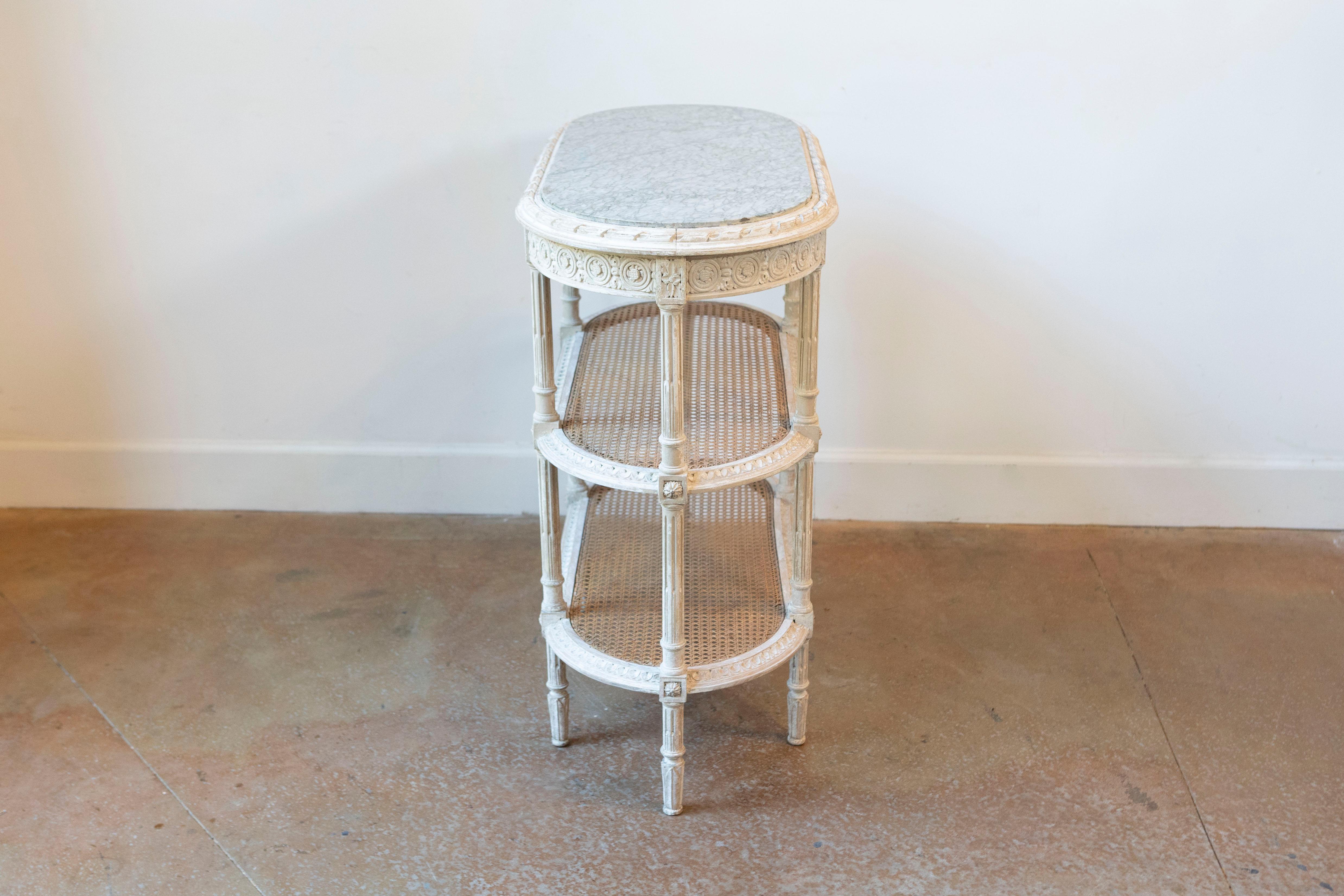 French Louis XVI Style 19th Century Tiered Table with Marble Top and Caning In Good Condition In Atlanta, GA