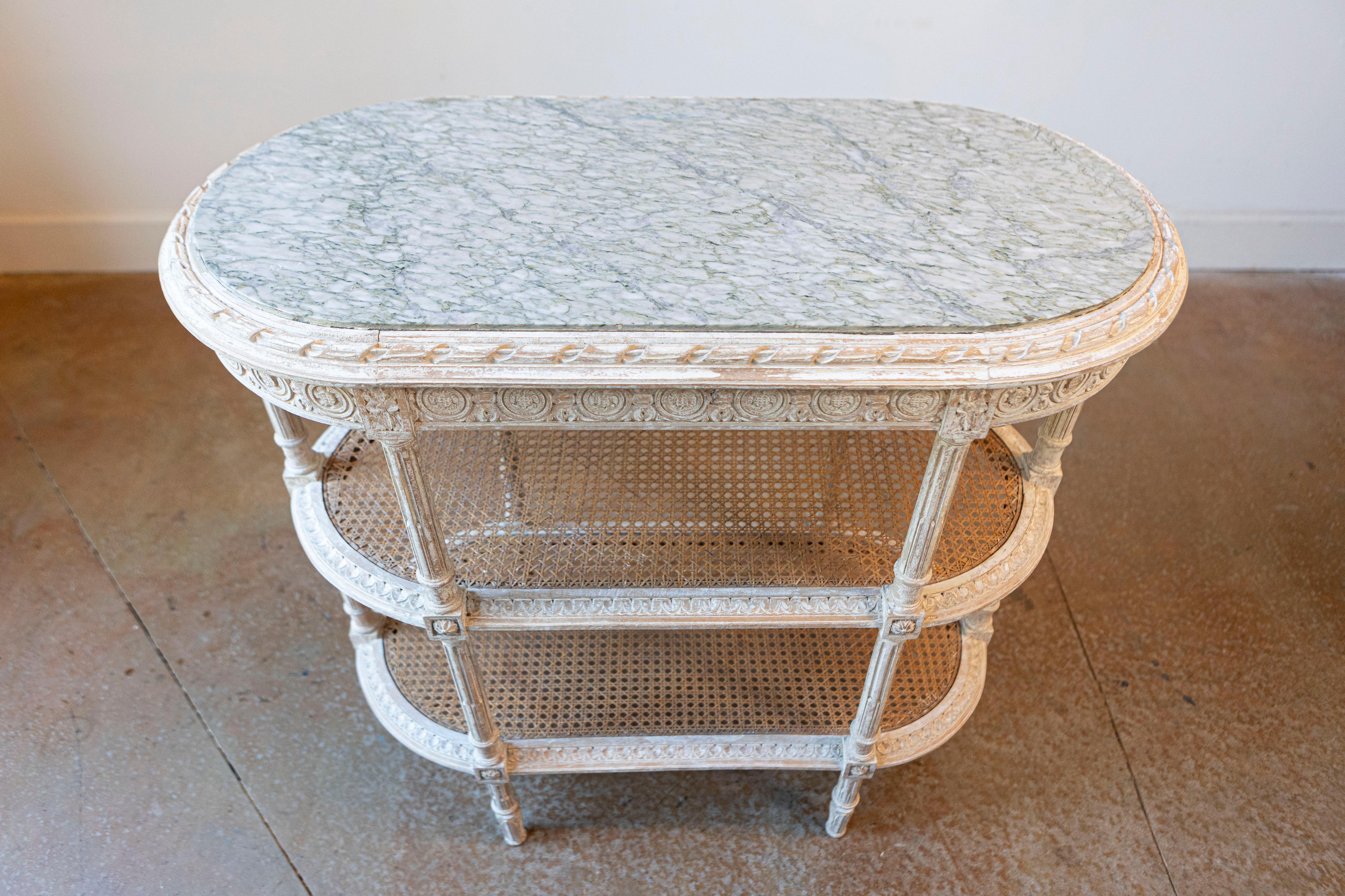 Cane French Louis XVI Style 19th Century Tiered Table with Marble Top and Caning