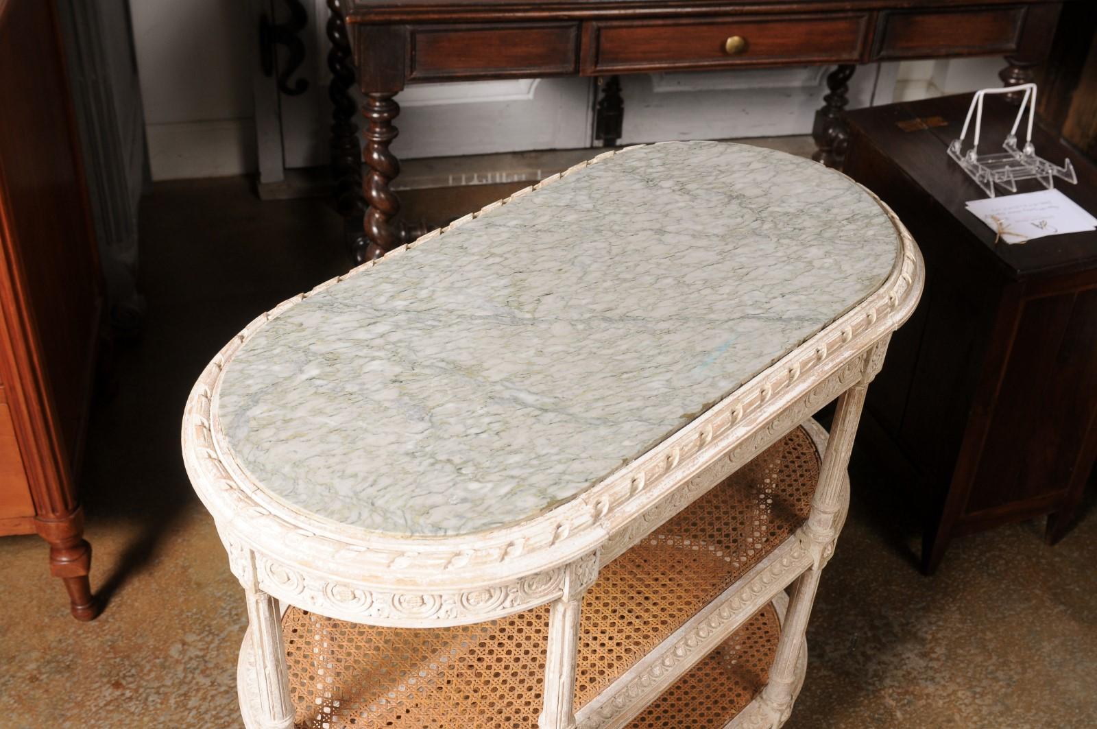 French Louis XVI Style 19th Century Tiered Table with Marble Top and Caning For Sale 1