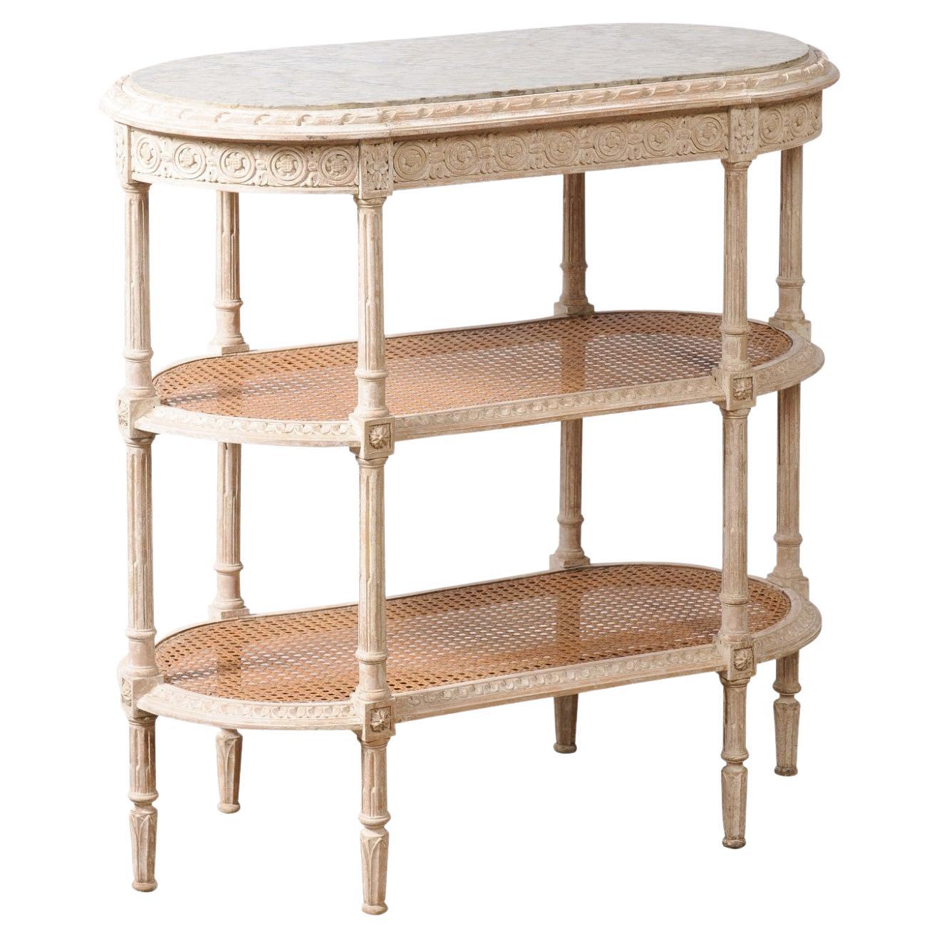 French Louis XVI Style 19th Century Tiered Table with Marble Top and Caning For Sale