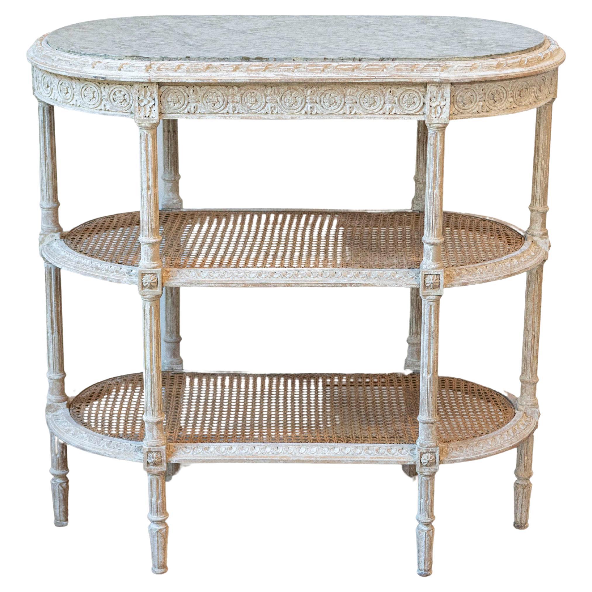 French Louis XVI Style 19th Century Tiered Table with Marble Top and Caning